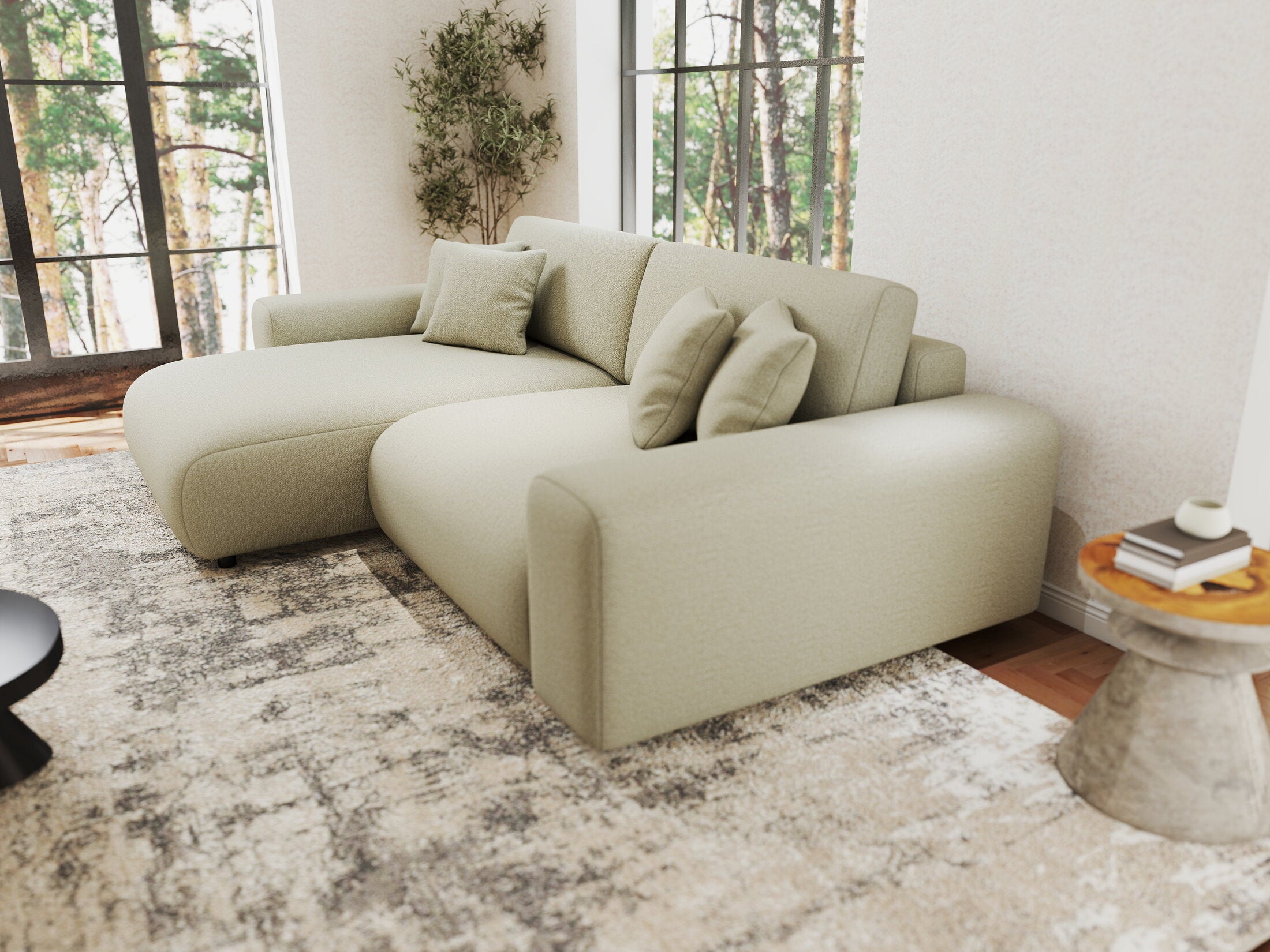 Colțar extensibil dumonde cu ladă de depozitare si sezut confortabil din spuma HR, Sarina Enjoy Bej 255x168 cm