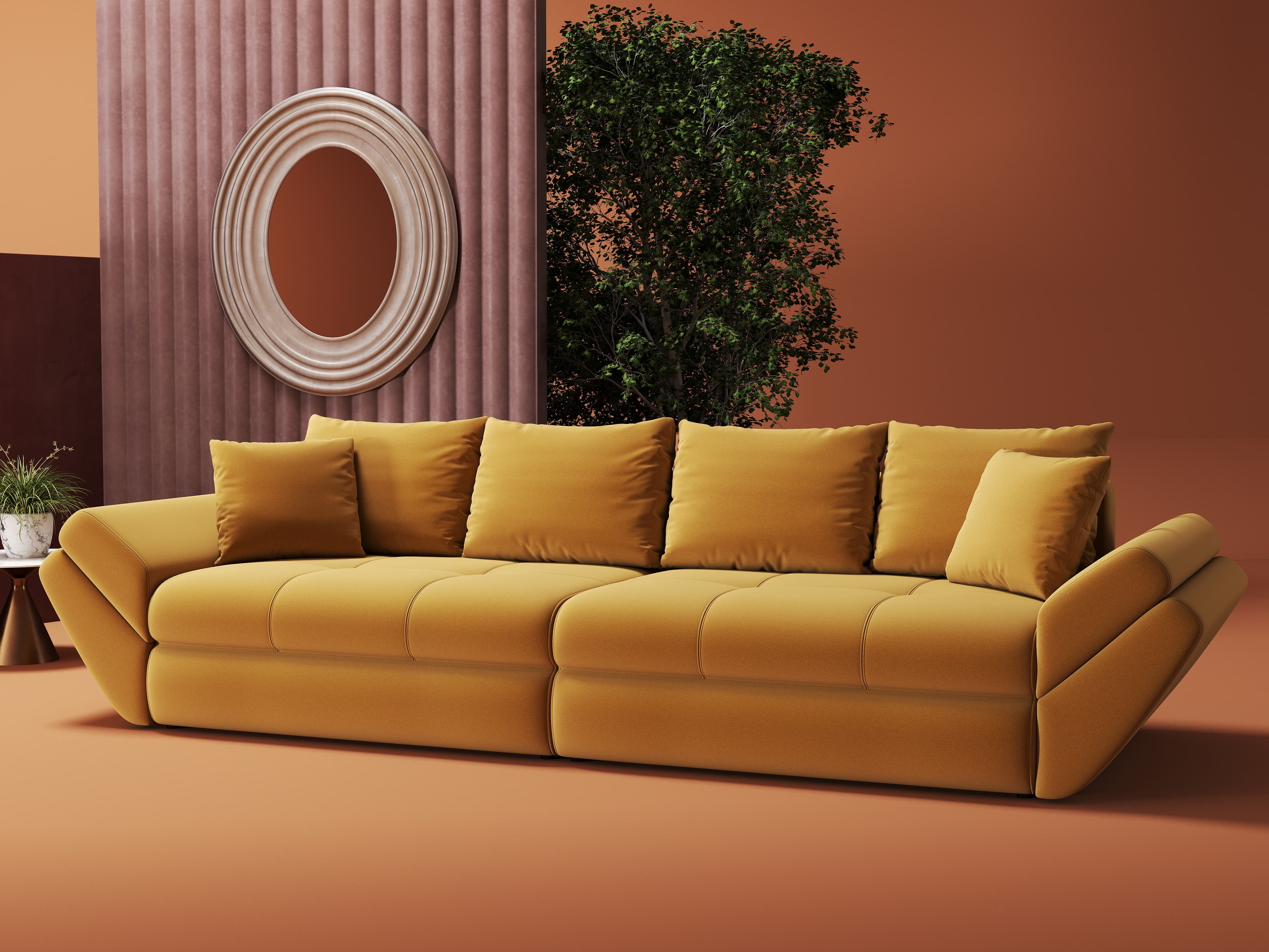 Canapea extensibilă dumonde cu ladă de depozitare si sezut confortabil din spuma HR, Loana Royal Mustar 300x100 cm Fabrica