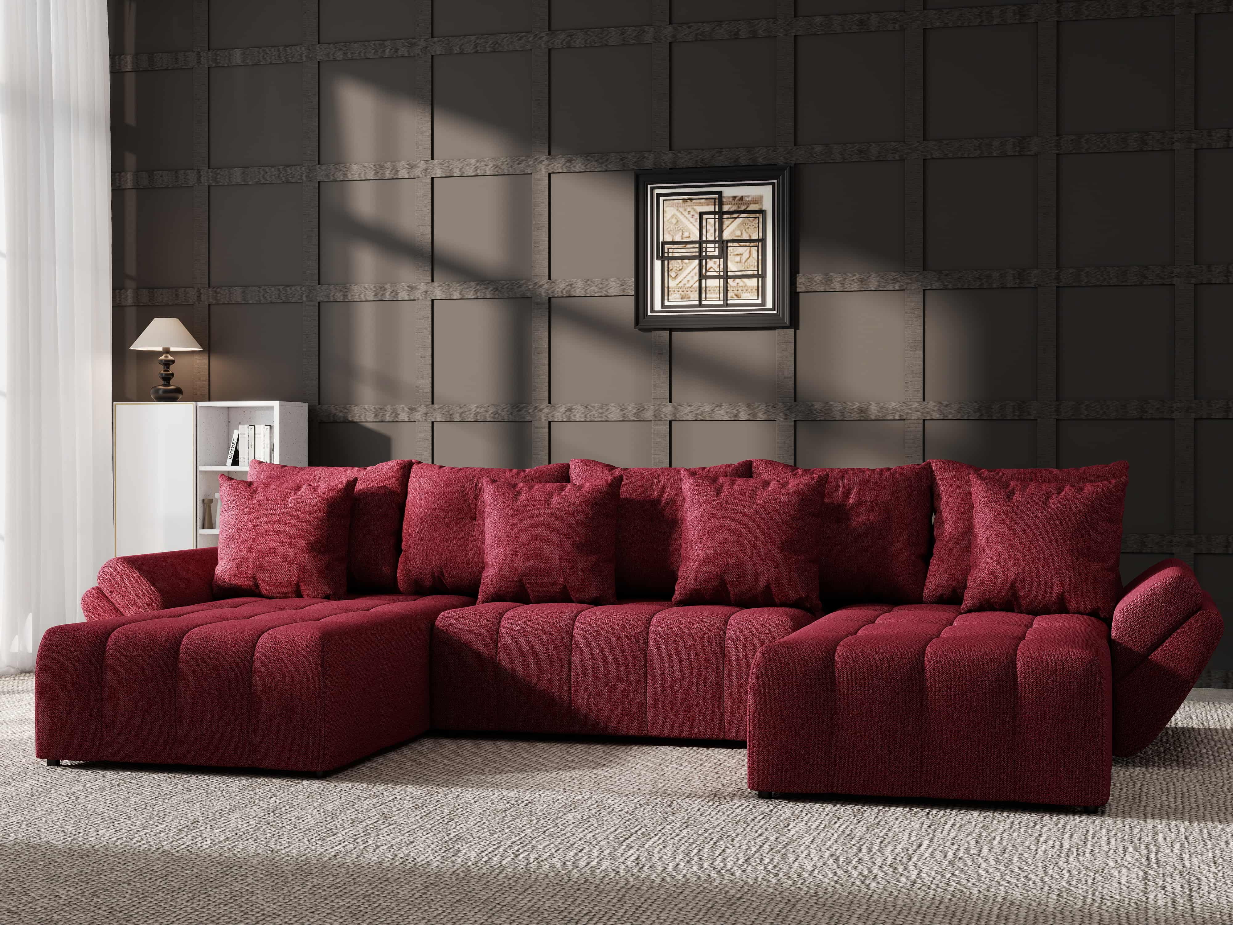 Colțar extensibil dumonde cu ladă de depozitare si sezut confortabil din spuma HR, Berlin U Enjoy Rosu 380x180 cm Fabrica