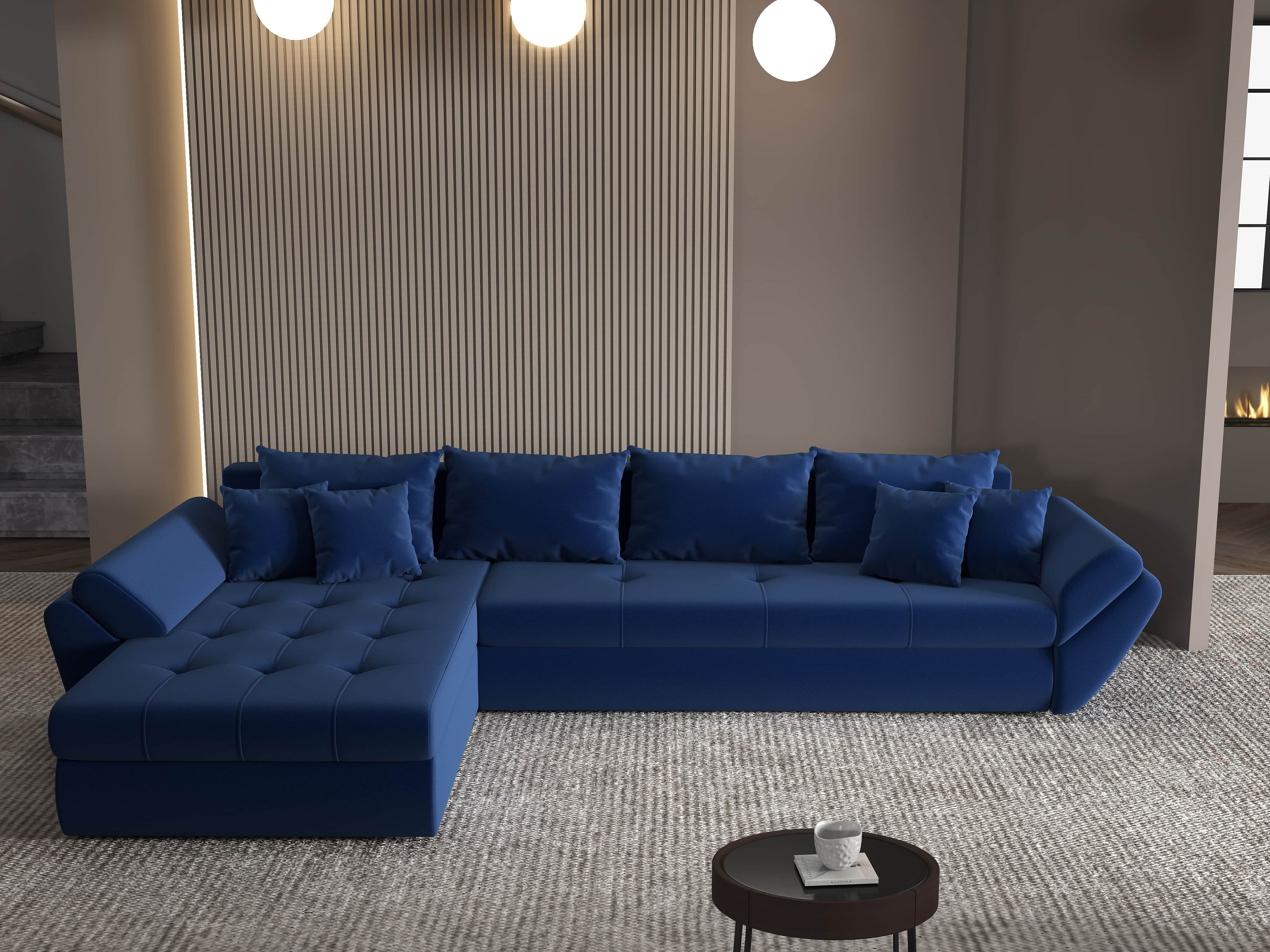 Colțar extensibil dumonde cu ladă de depozitare si sezut confortabil din spuma HR, Loana XL Royal Albastru 335x185 cm Fabrica