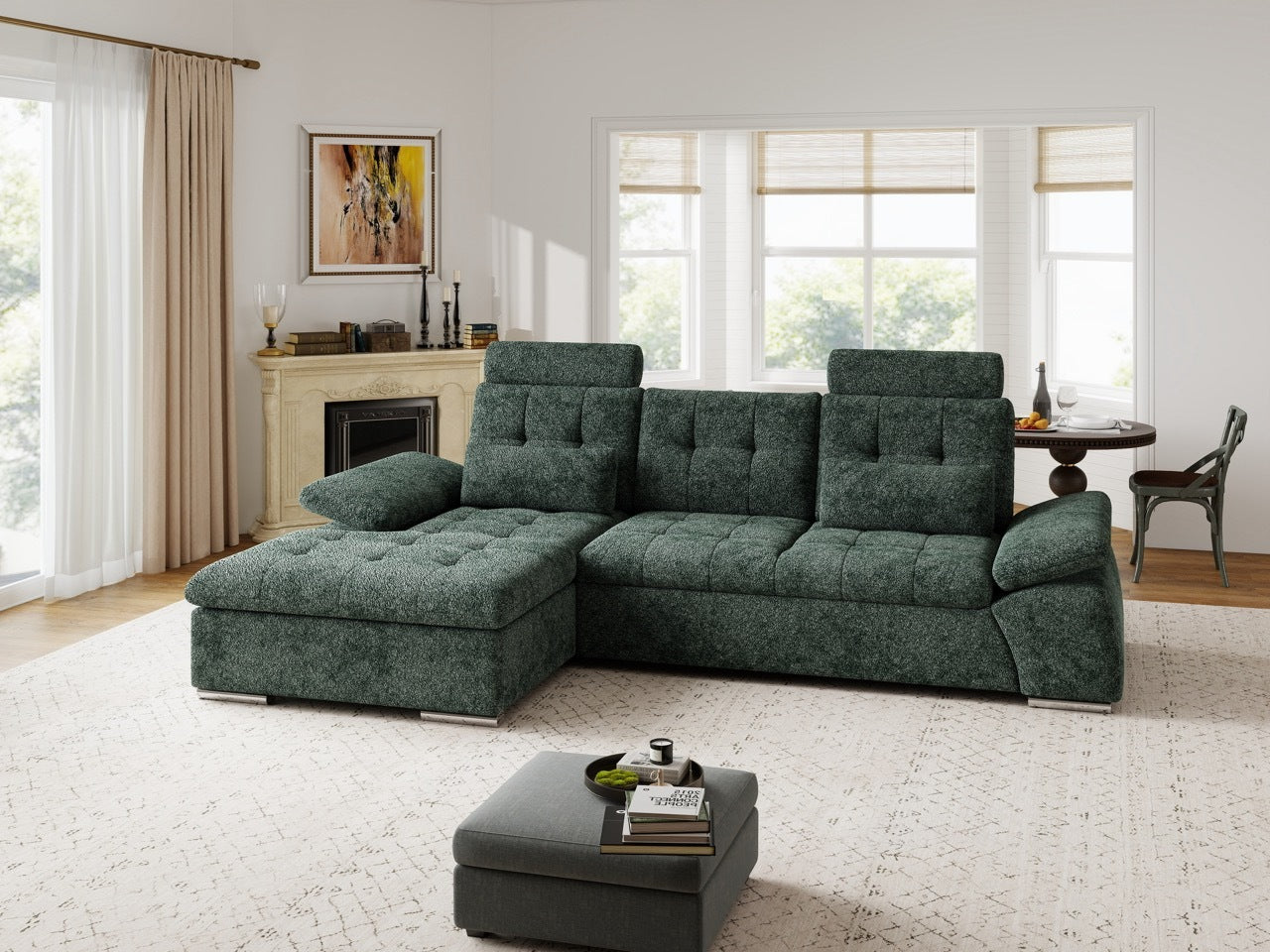 Colțar extensibil dumonde cu ladă de depozitare și șezut confortabil din spumă HR, Merkur Euphoria Verde 270x168 cm