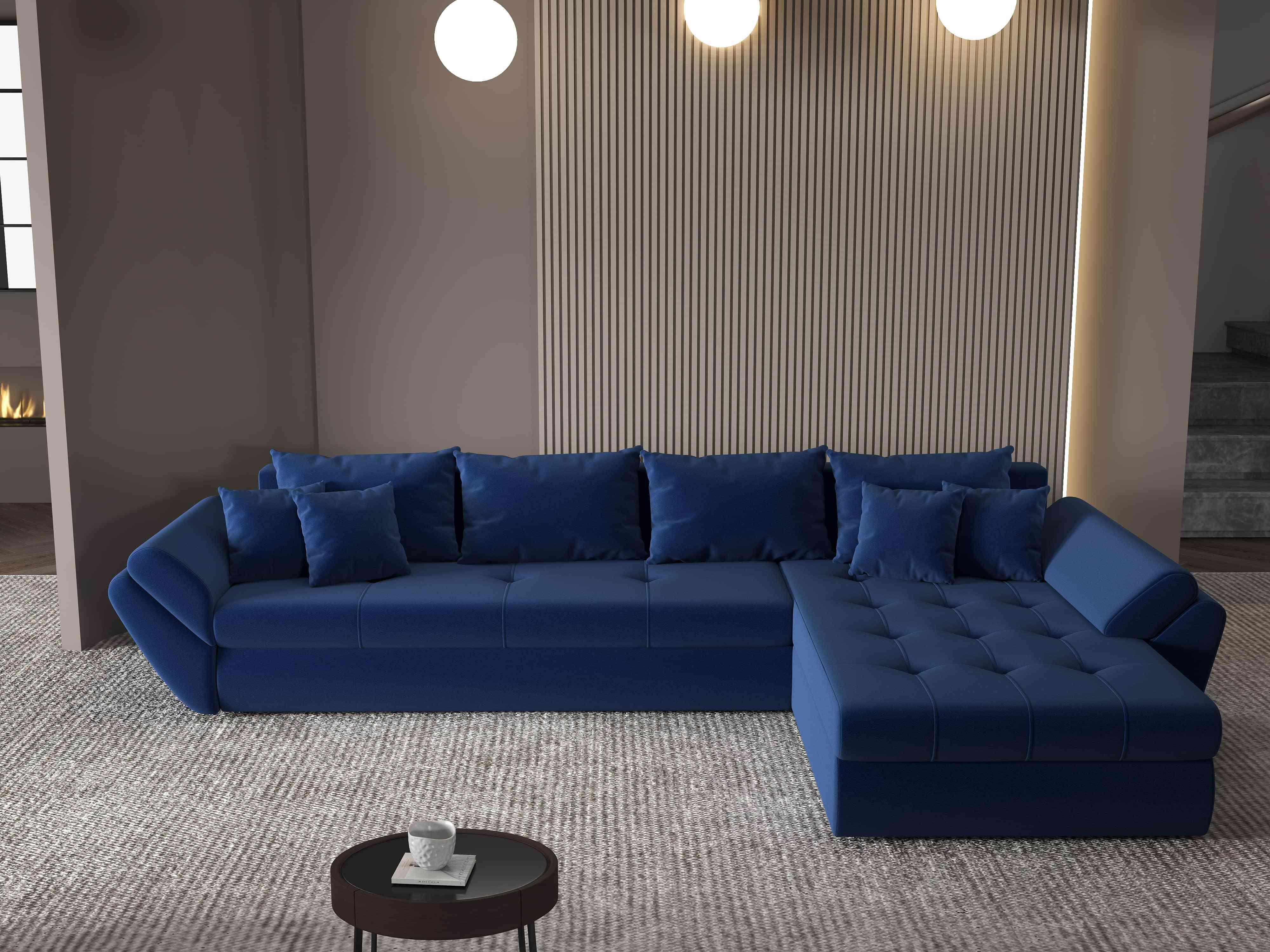 Colțar extensibil dumonde cu ladă de depozitare si sezut confortabil din spuma HR, Loana XL Royal Albastru II 335x185 cm Fabrica