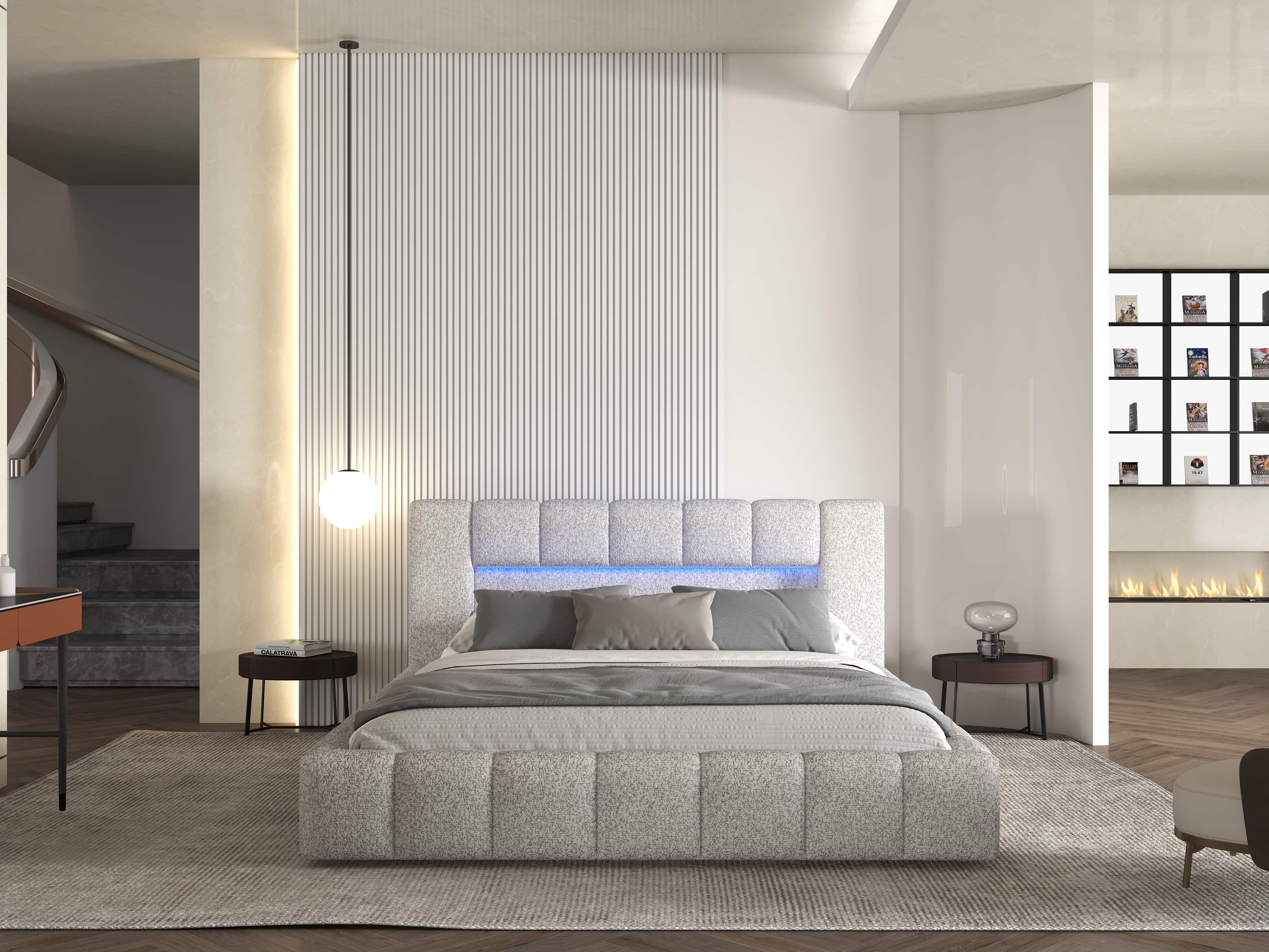 Pat dormitor dumonde, tapitat gri cu LED si USB, Palermo 160x200 cm, somiera rabatabila inclusa, spatiu depozitare WLS