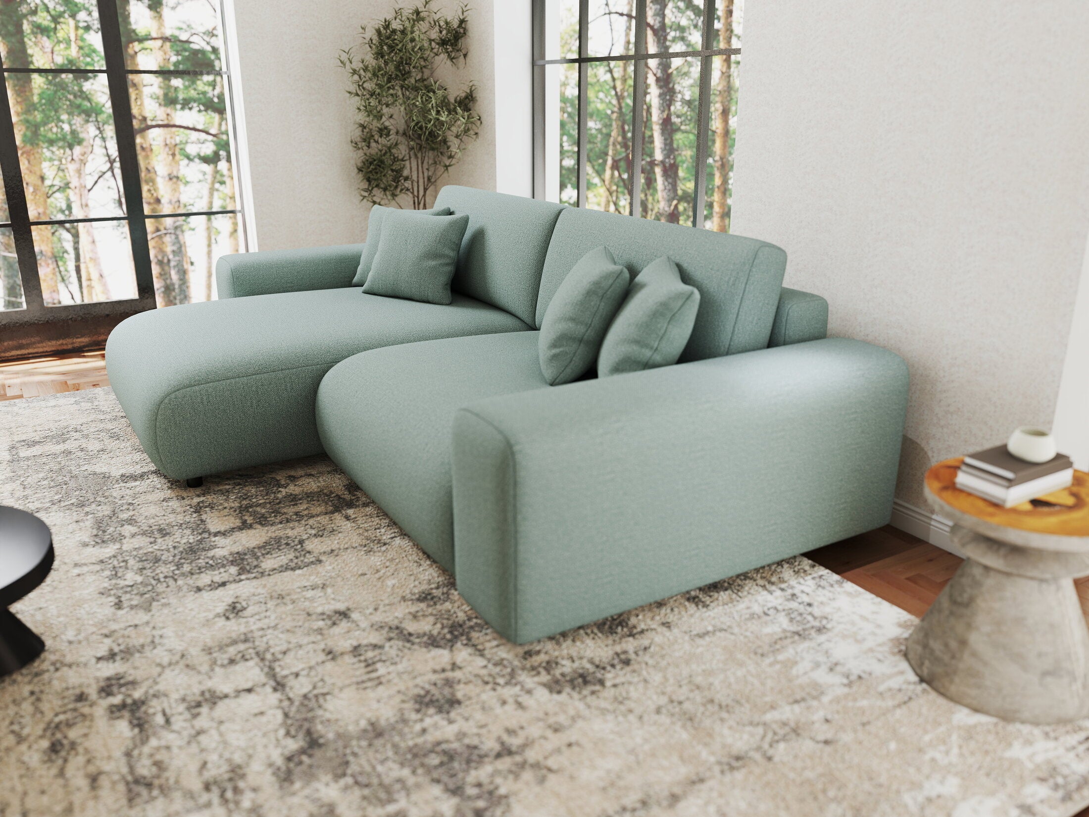 Colțar extensibil dumonde cu ladă de depozitare si sezut confortabil din spuma HR, Sarina Enjoy Verde Mint 255x168 cm