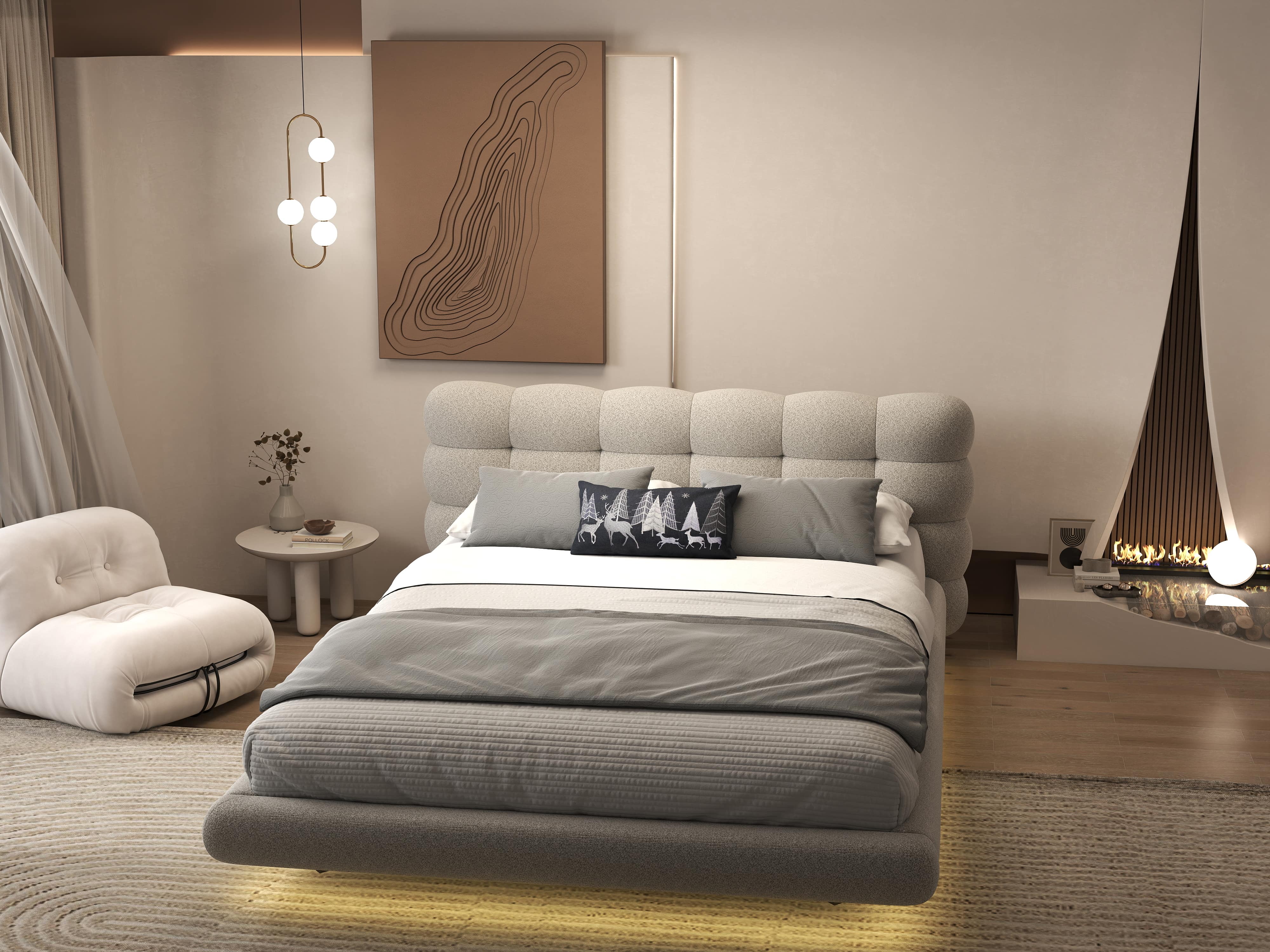 Pat dormitor dumonde, tapitat bej cu LED, "floating bed" Cloud 160x200 cm, somiera inclusa WLS