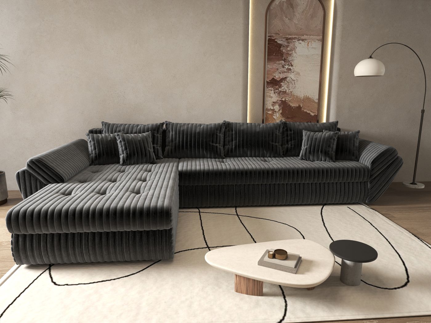 Colțar extensibil dumonde cu ladă de depozitare si sezut confortabil din spuma HR, Loana XL Ambience Gri 335x185 cm Fabrica