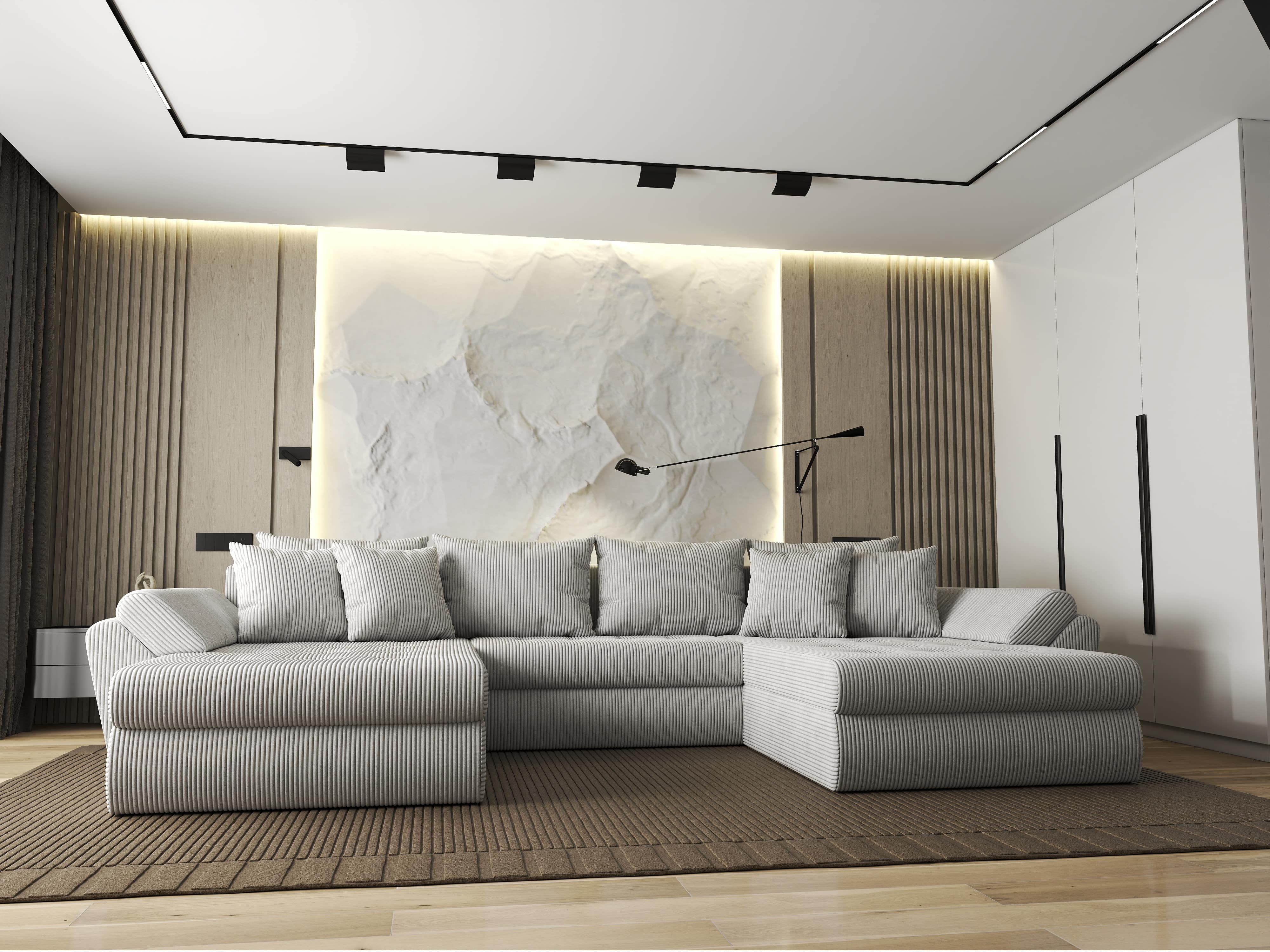 Colțar extensibil dumonde cu ladă de depozitare si sezut confortabil din spuma HR, Loana U Zoom Cream 355x185 cm Fabrica