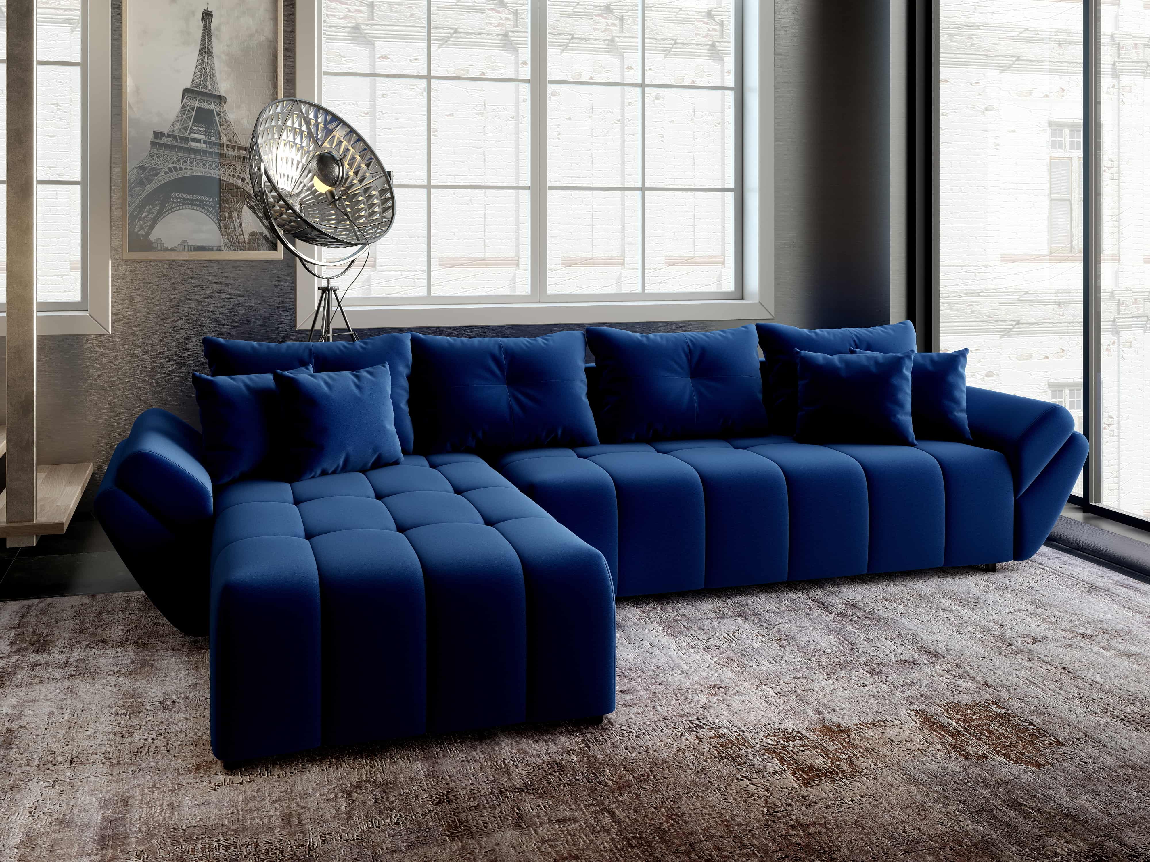 Colțar extensibil dumonde cu ladă de depozitare si sezut confortabil din spuma HR, Berlin XL Royal Albastru 350x185 cm Fabrica