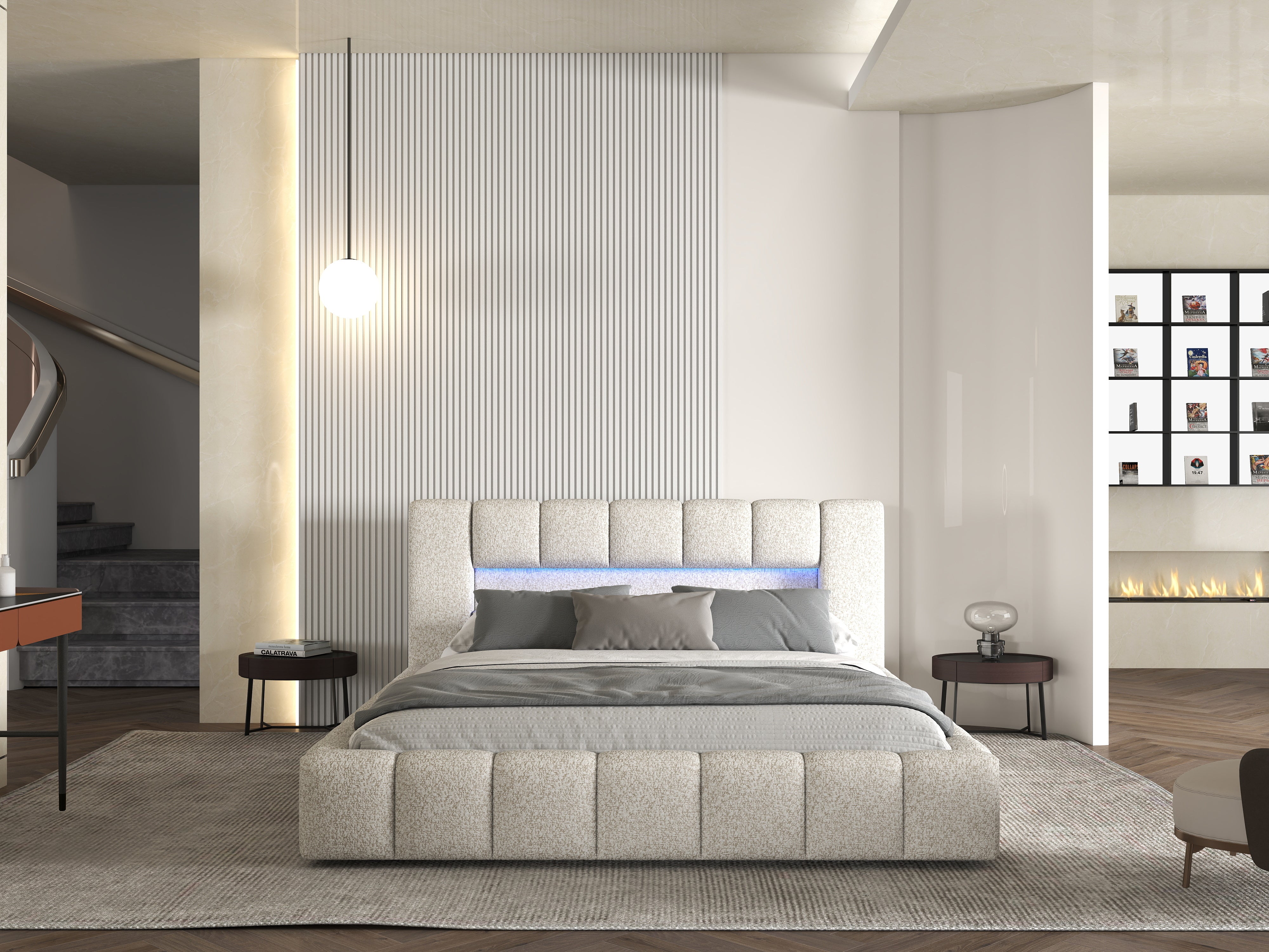 Pat dormitor dumonde, tapitat gri cu LED si USB, Palermo 160x200 cm, somiera rabatabila inclusa, spatiu depozitare