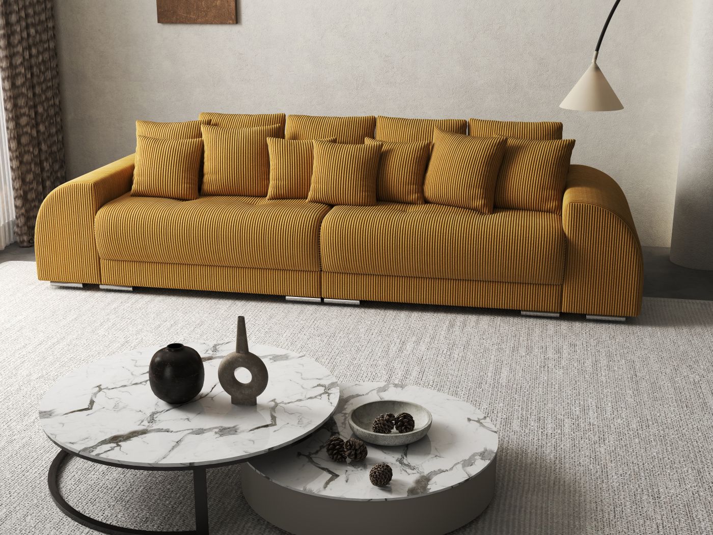 Canapea extensibilă dumonde cu 2 lăzi de depozitare si sezut confortabil din spuma HR, Verona Zoom Mustar 310x100 cm Fabrica