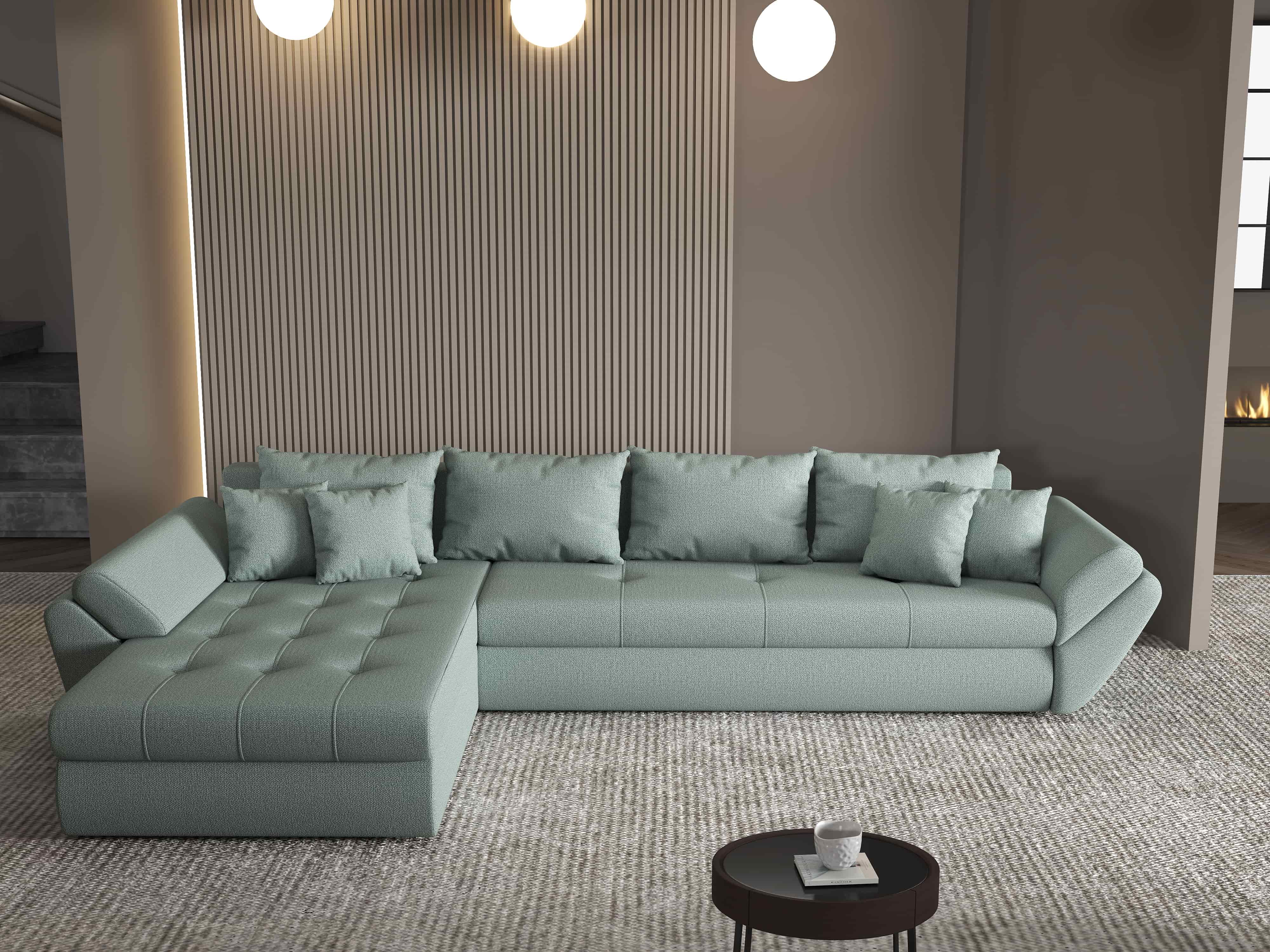 Colțar extensibil dumonde cu ladă de depozitare si sezut confortabil din spuma HR, Loana XL Enjoy Mint 335x185 cm Fabrica