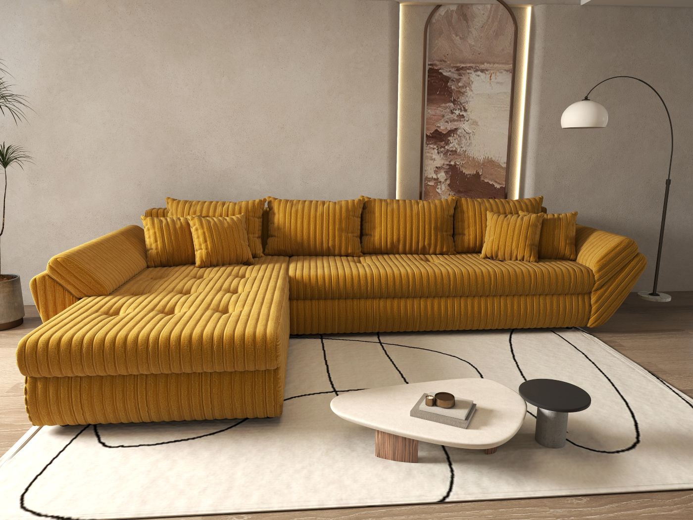 Colțar extensibil dumonde cu ladă de depozitare si sezut confortabil din spuma HR, Loana XL Ambience Mustar 335x185 cm Fabrica