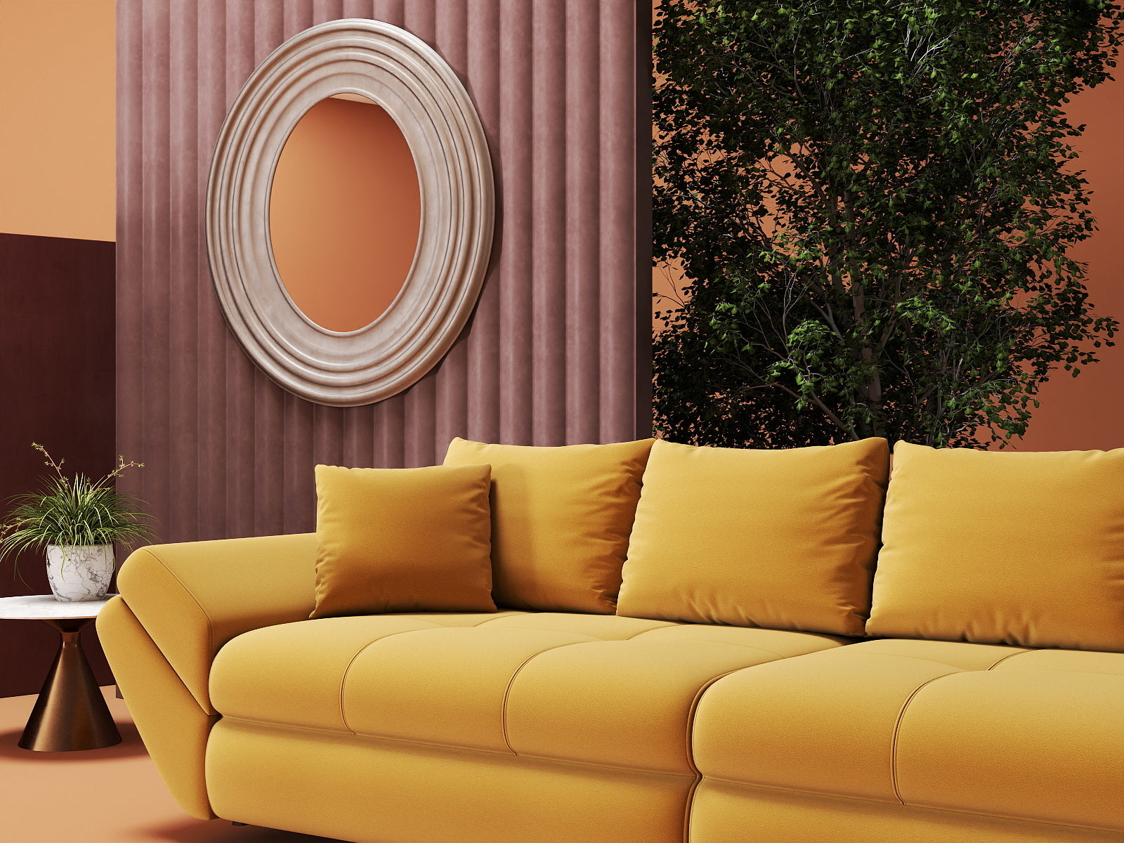 Canapea extensibilă dumonde cu ladă de depozitare si sezut confortabil din spuma HR, Loana Royal Mustar 300x100 cm Fabrica