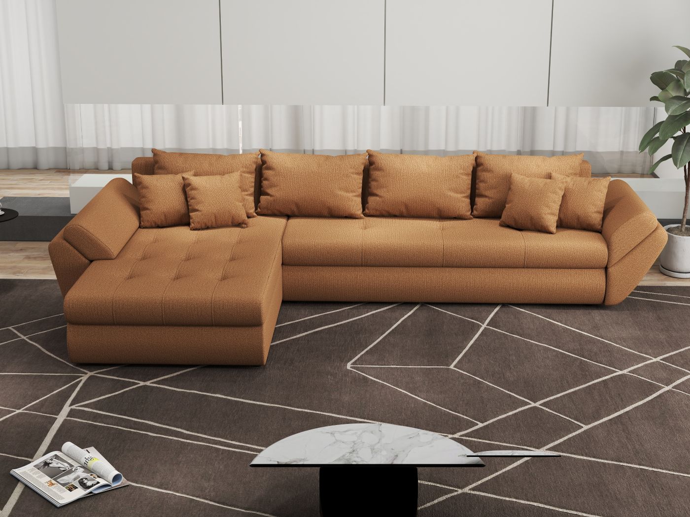 Colțar extensibil dumonde cu ladă de depozitare si sezut confortabil din spuma HR, Loana XL Enjoy Mango 335x185 cm Fabrica