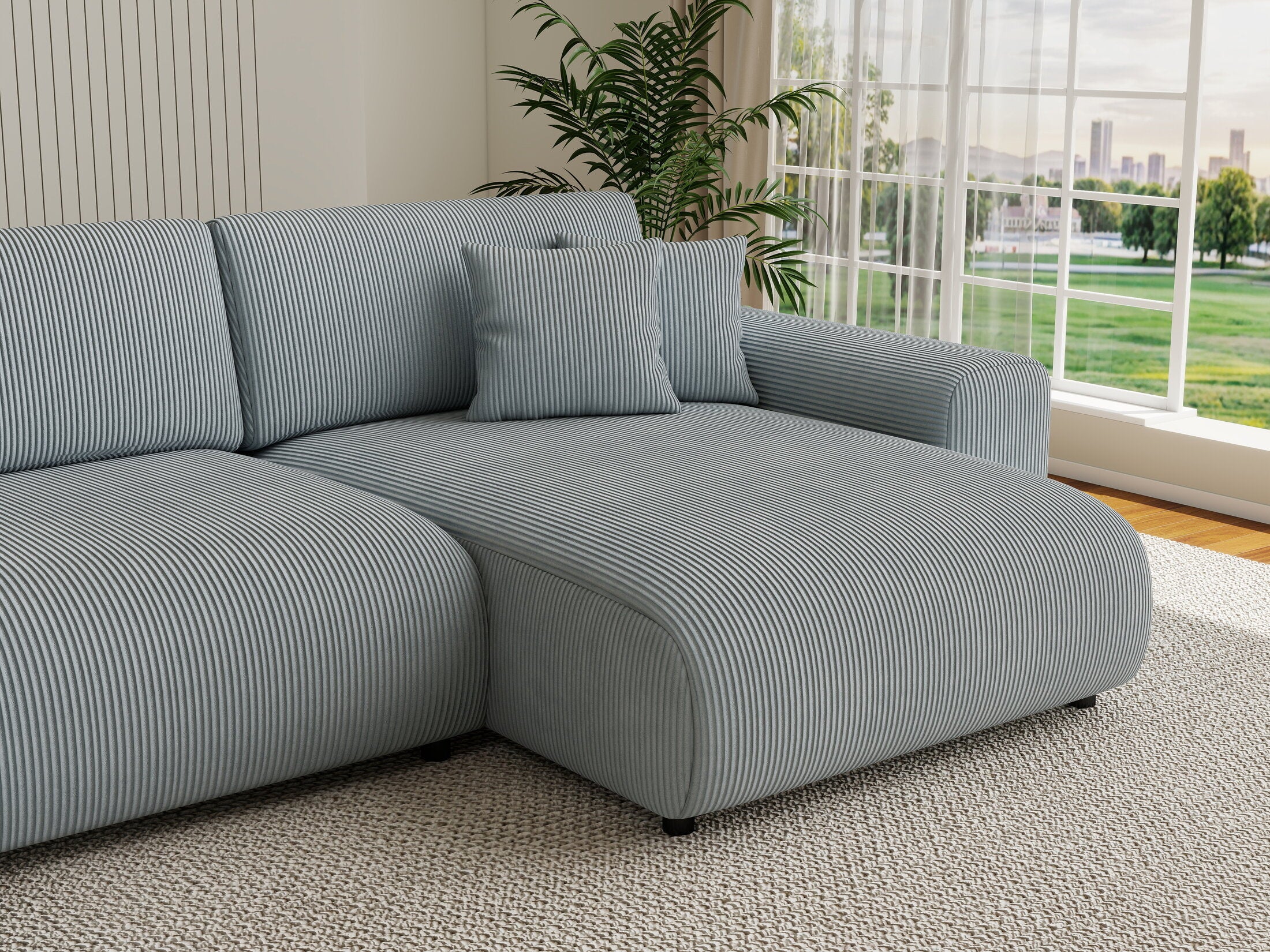 Colțar extensibil dumonde cu ladă de depozitare si sezut confortabil din spuma HR, Sarina U Zoom Gri Mint 350x168 cm