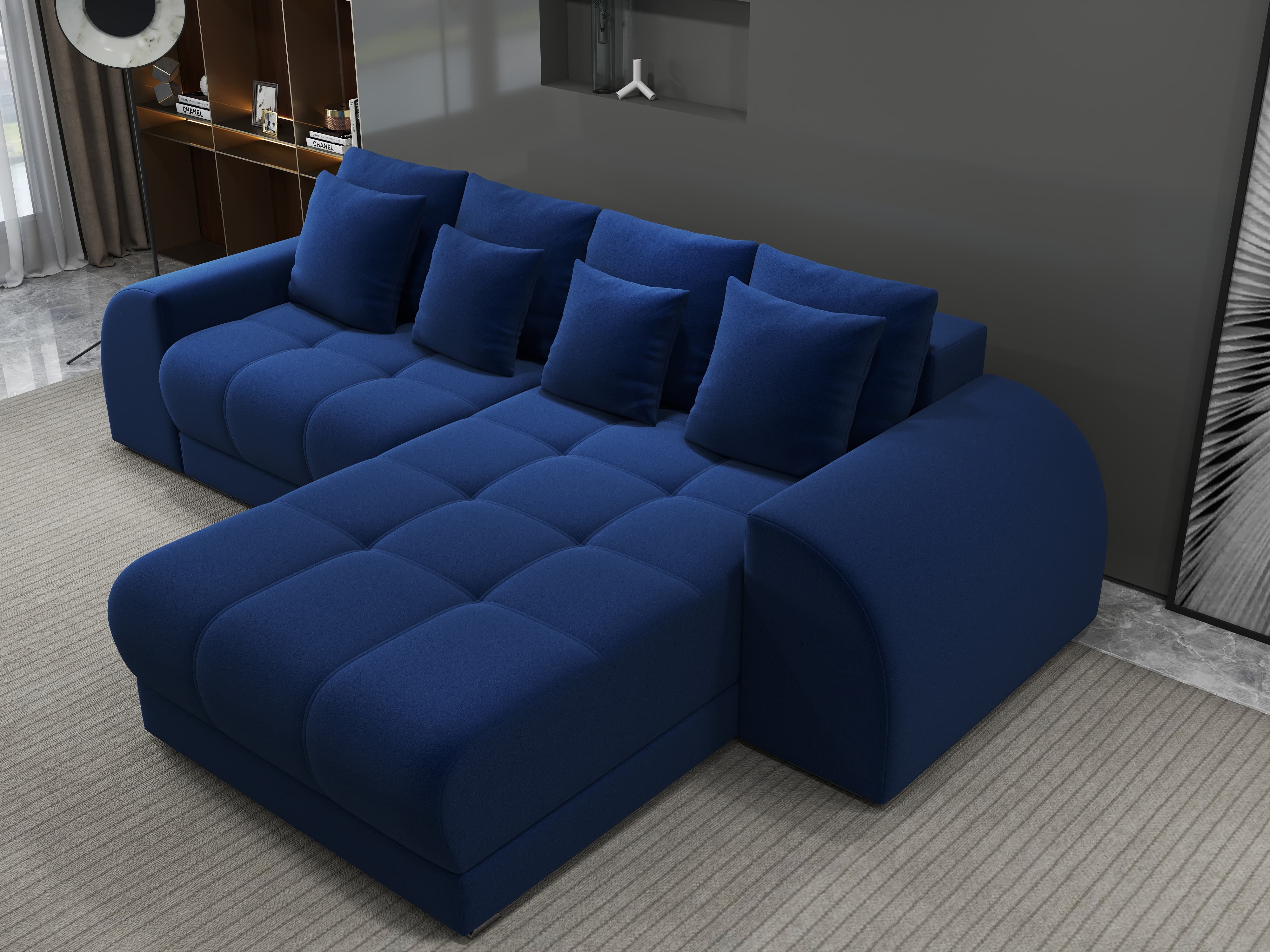 Colțar extensibil dumonde cu ladă de depozitare si sezut confortabil din spuma HR, Verona Royal Albastru II 290x185 cm Fabrica