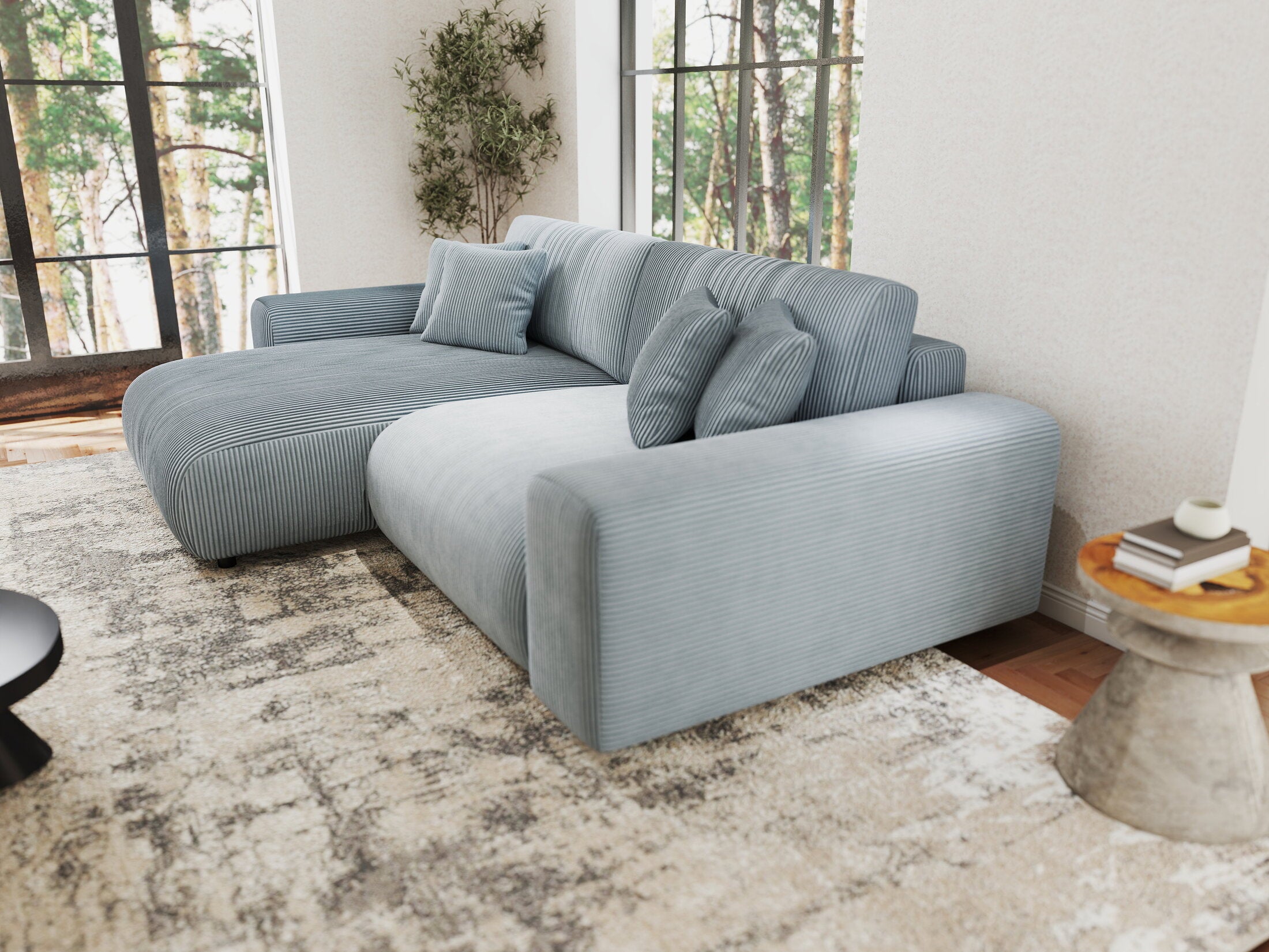 Colțar extensibil dumonde cu ladă de depozitare si sezut confortabil din spuma HR, Sarina Zoom Gri Mint 255x168 cm