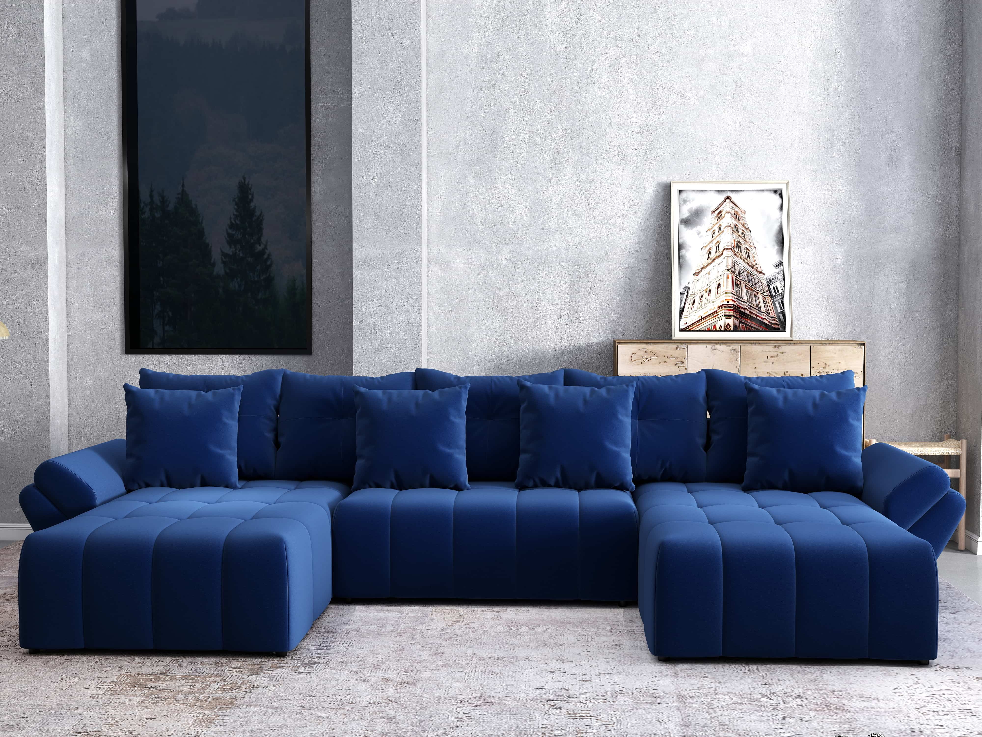 Colțar extensibil dumonde cu ladă de depozitare si sezut confortabil din spuma HR, Berlin U Royal Blue 380x180 cm Fabrica