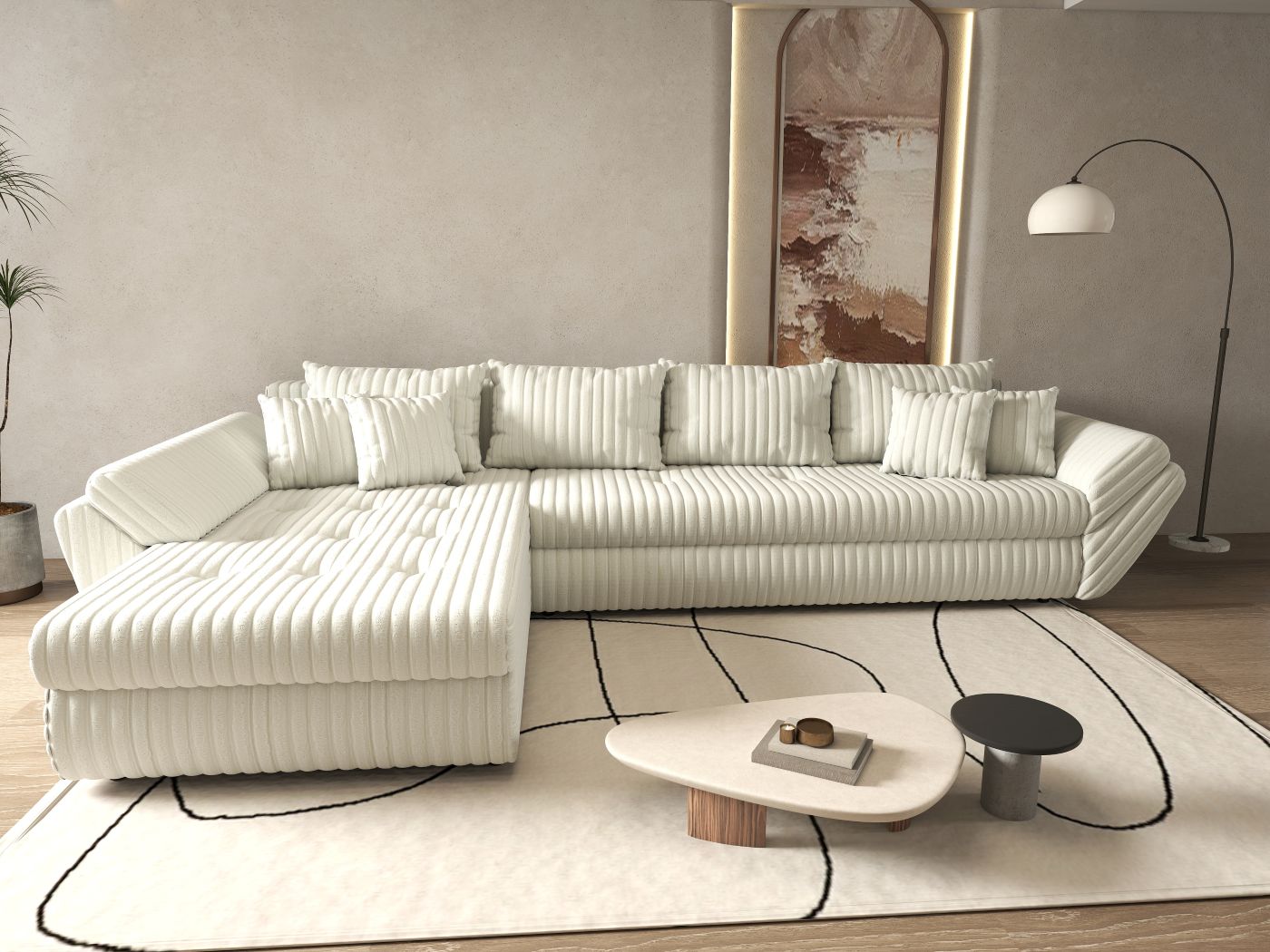 Colțar extensibil dumonde cu ladă de depozitare si sezut confortabil din spuma HR, Loana XL Ambience Ivory 335x185 cm Fabrica