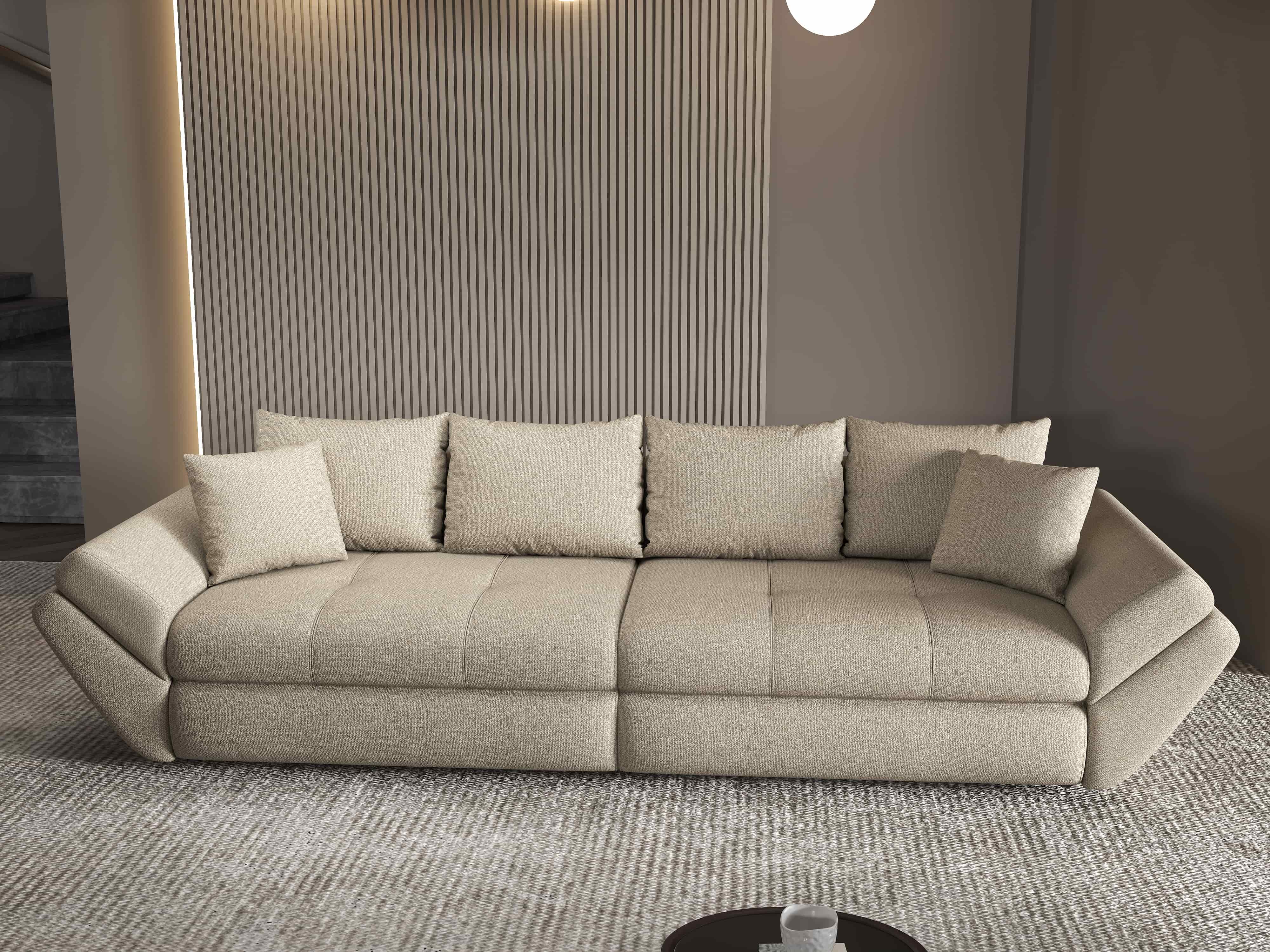 Canapea extensibilă dumonde cu ladă de depozitare si sezut confortabil din spuma HR, Loana Enjoy Camel 300x100 cm Fabrica