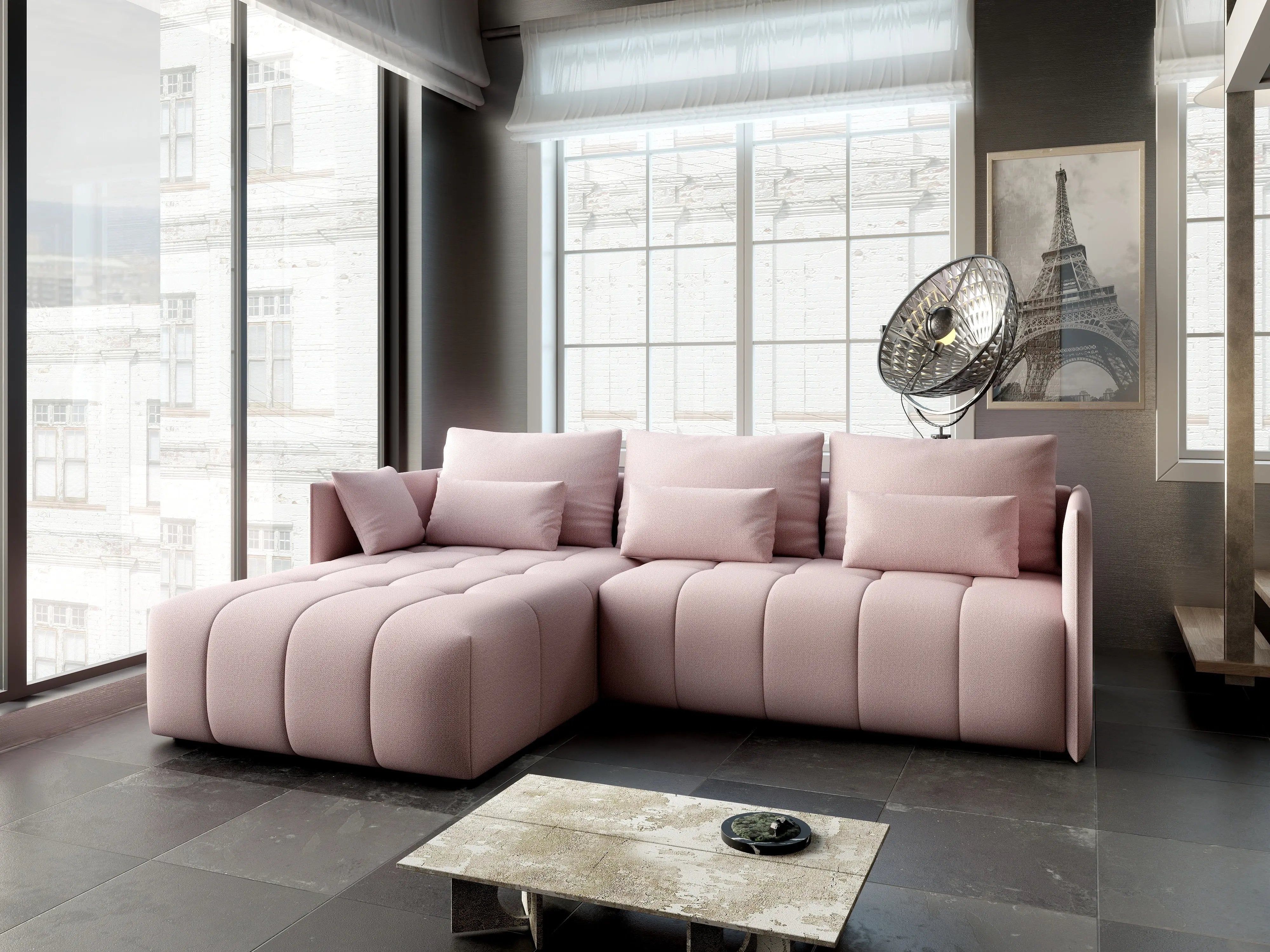 Colțar extensibil dumonde cu ladă de depozitare si sezut confortabil din spuma HR, Malta Enjoy Flamingo 235x185 cm Fabrica