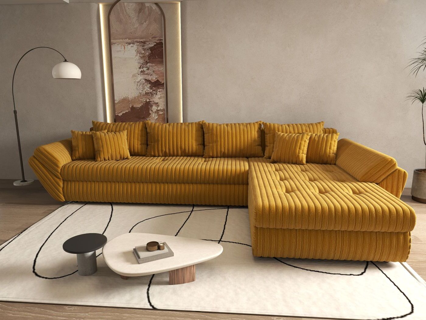 Colțar extensibil dumonde cu ladă de depozitare si sezut confortabil din spuma HR, Loana XL Ambience Mustar II 335x185 cm Fabrica