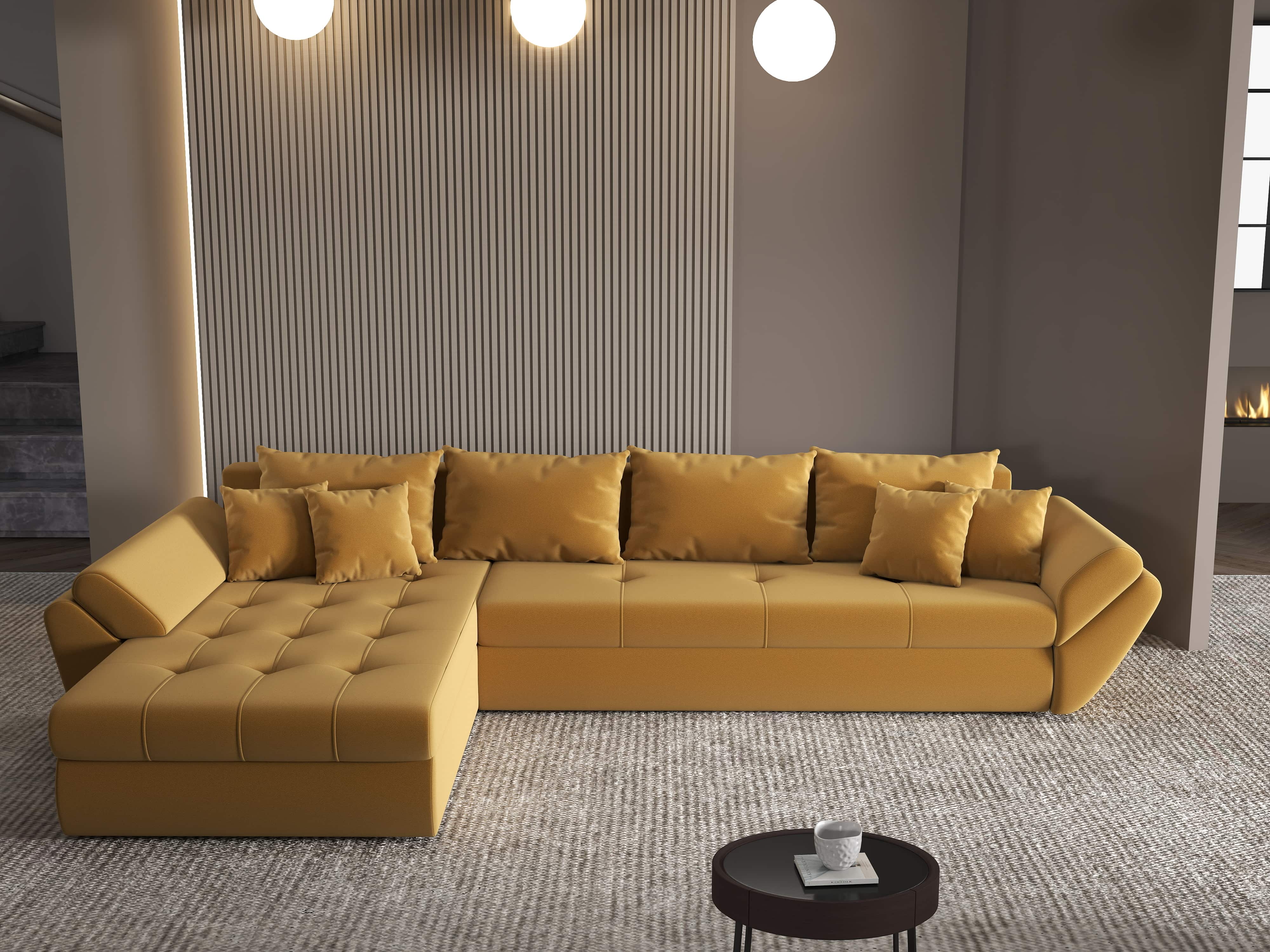 Colțar extensibil dumonde cu ladă de depozitare si sezut confortabil din spuma HR, Loana XL Royal Mustar 335x185 cm Fabrica