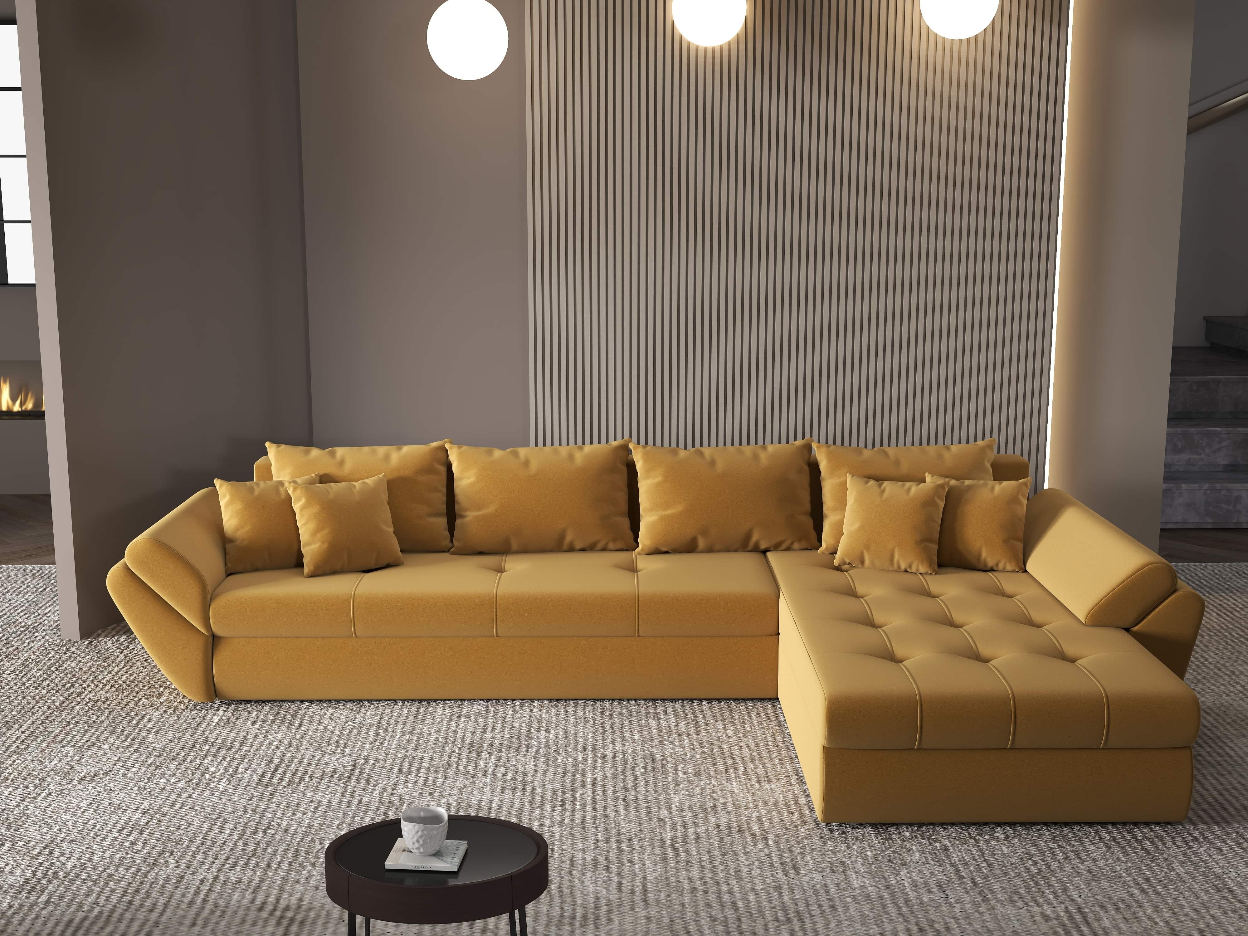 Colțar extensibil dumonde cu ladă de depozitare si sezut confortabil din spuma HR, Loana XL Royal Mustar II 335x185 cm Fabrica