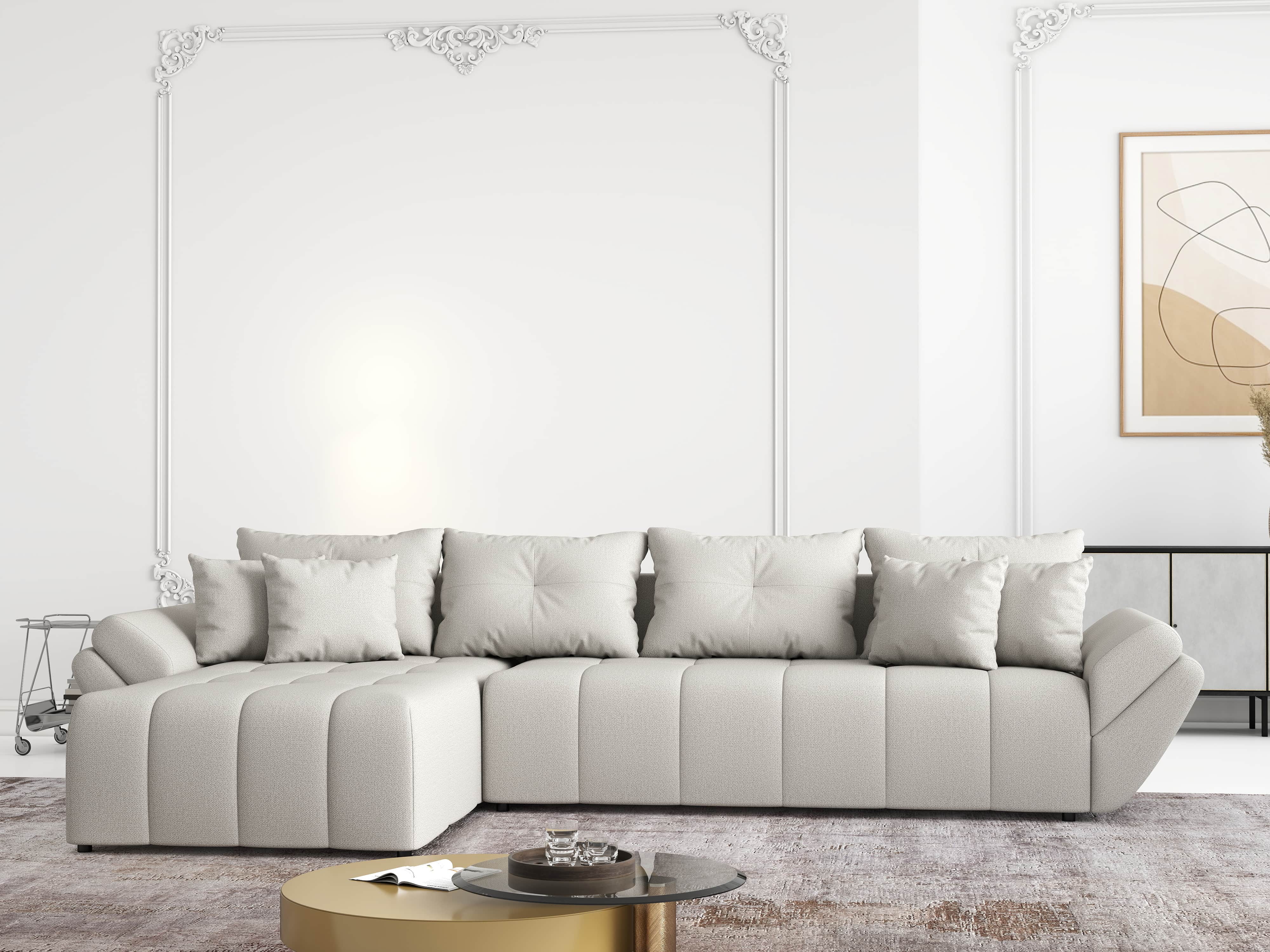 Colțar extensibil dumonde cu ladă de depozitare si sezut confortabil din spuma HR, Berlin XL Enjoy Beige 350x185 cm Fabrica