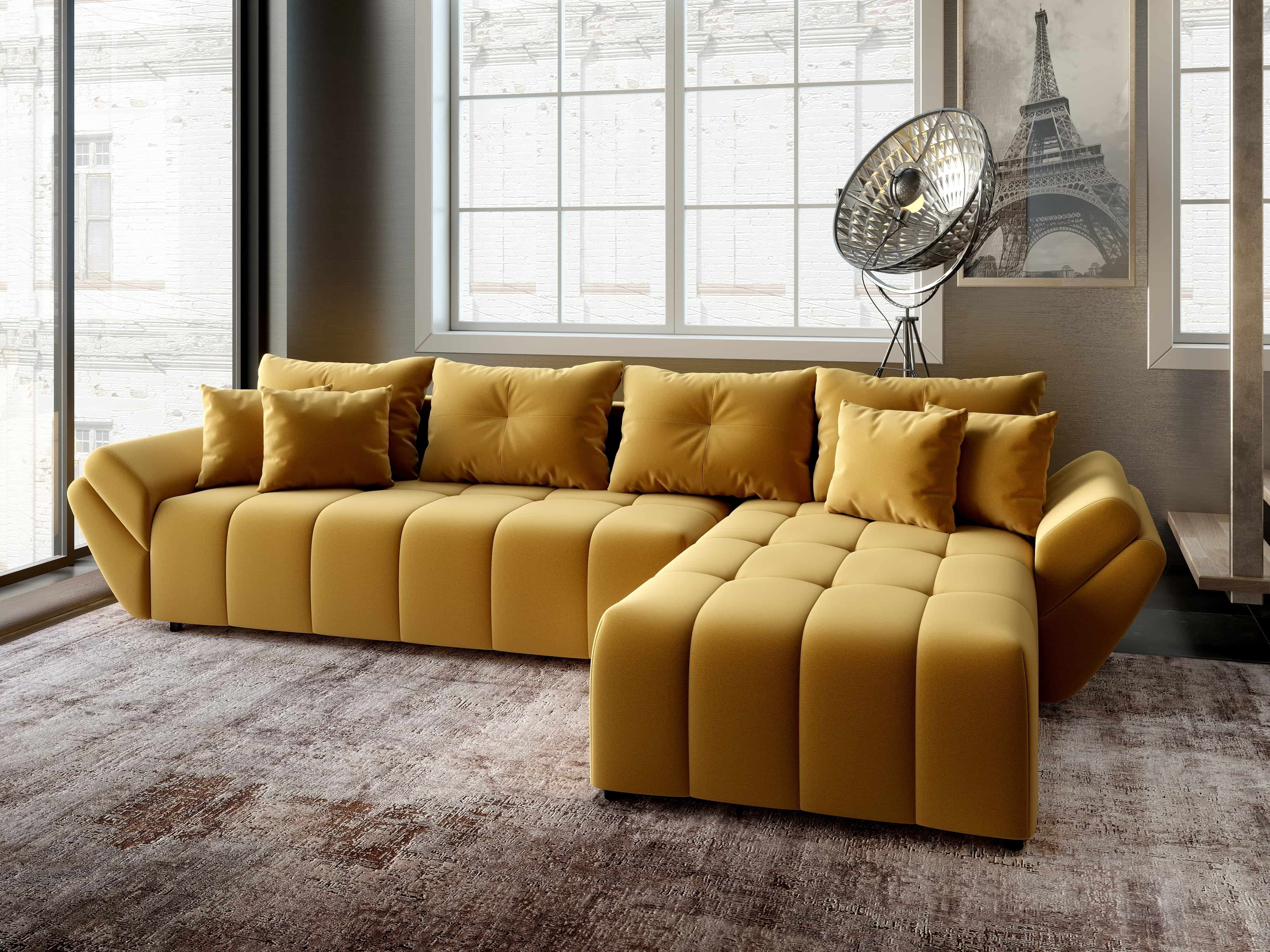 Colțar extensibil dumonde cu ladă de depozitare si sezut confortabil din spuma HR, Berlin XL Royal Mustar 350x185 cm II Fabrica