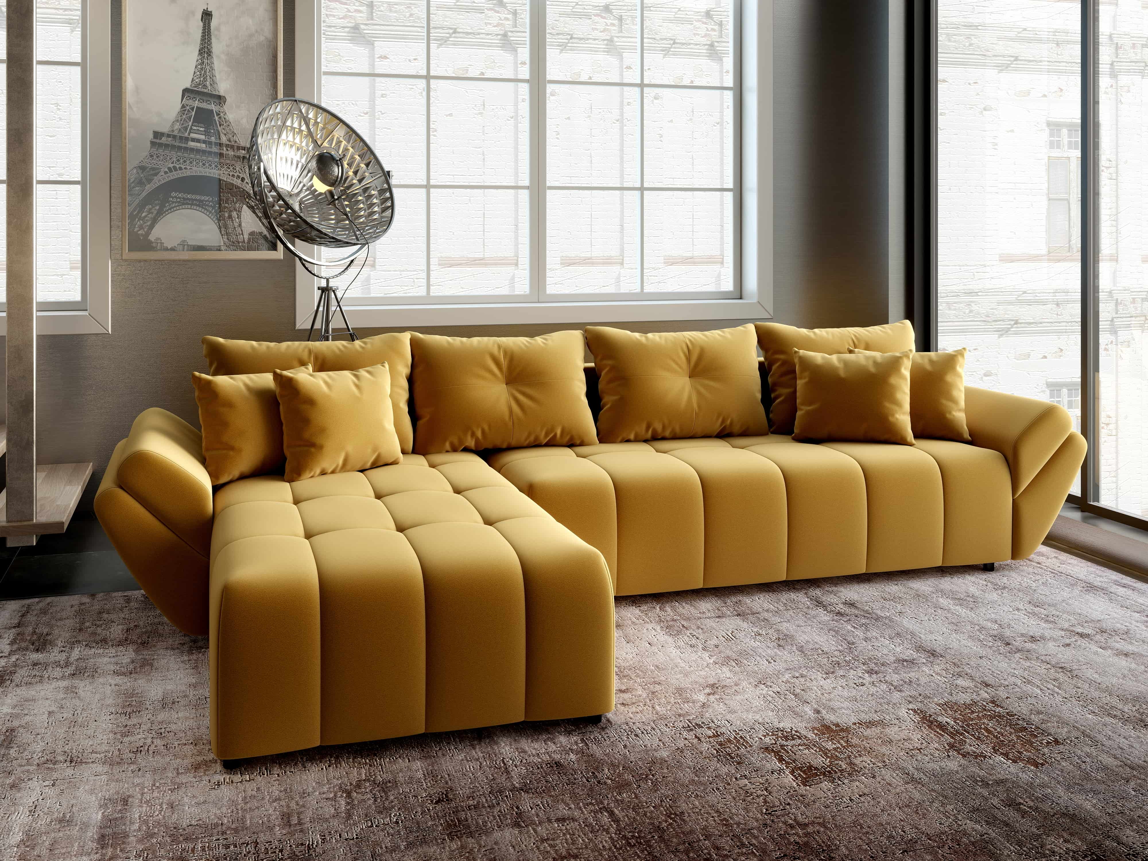 Colțar extensibil dumonde cu ladă de depozitare si sezut confortabil din spuma HR, Berlin XL Royal Mustar 350x185 cm Fabrica