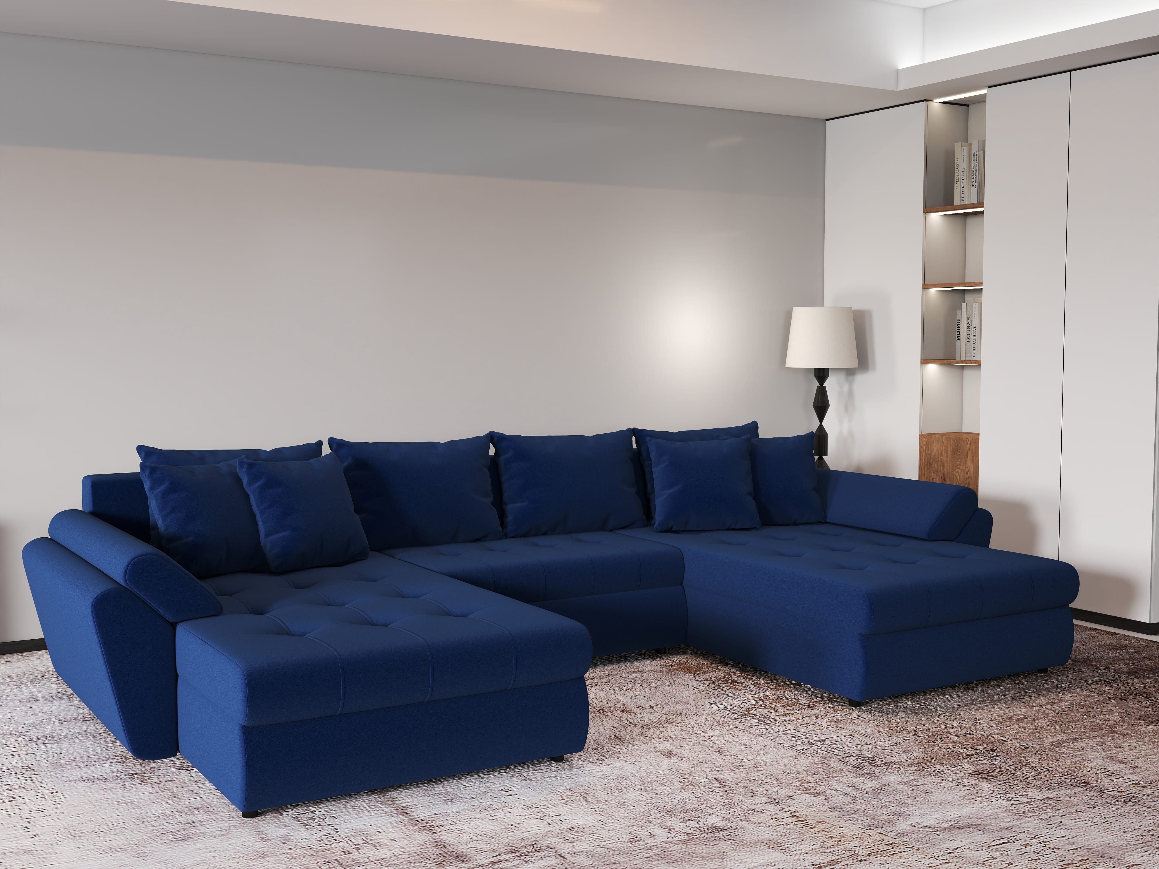 Colțar extensibil dumonde cu ladă de depozitare si sezut confortabil din spuma HR, Loana U Royal Blue 355x185 cm Fabrica