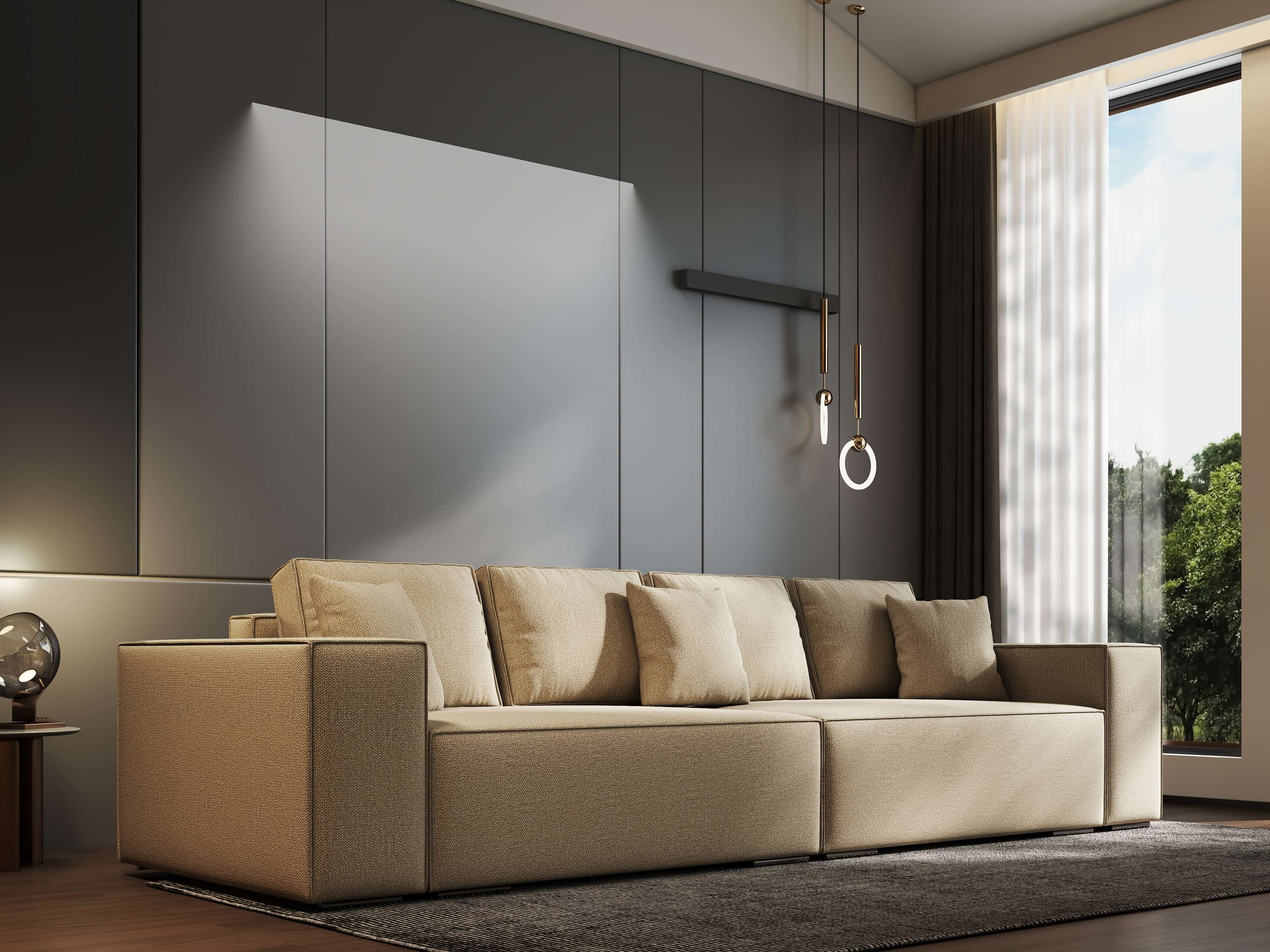 Canapea extensibilă dumonde cu ladă de depozitare si sezut confortabil din spuma HR, Dream Enjoy Camel 310x100 cm Fabrica