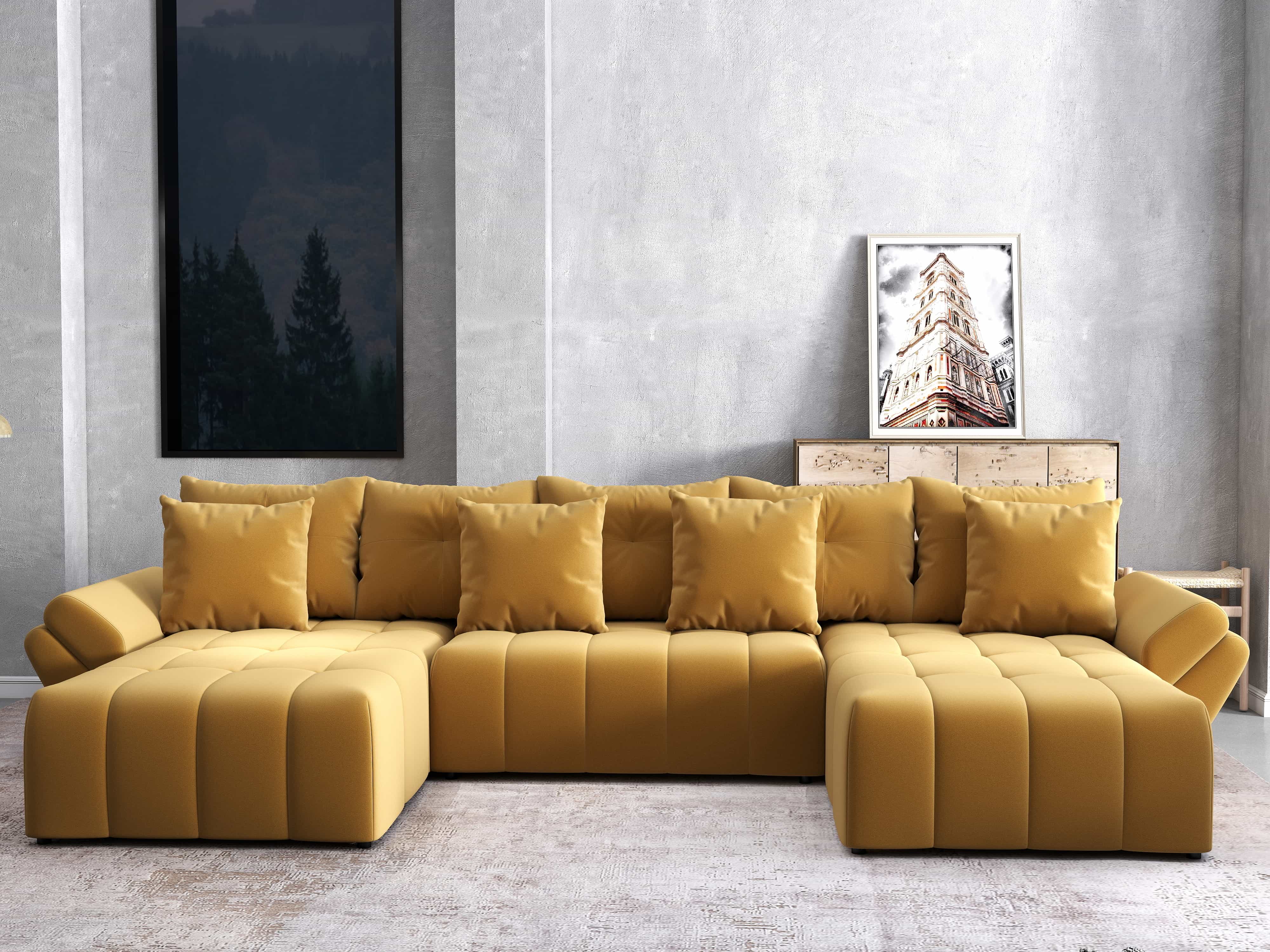 Colțar extensibil dumonde cu ladă de depozitare si sezut confortabil din spuma HR, Berlin U Royal Mustar 380x180 cm Fabrica