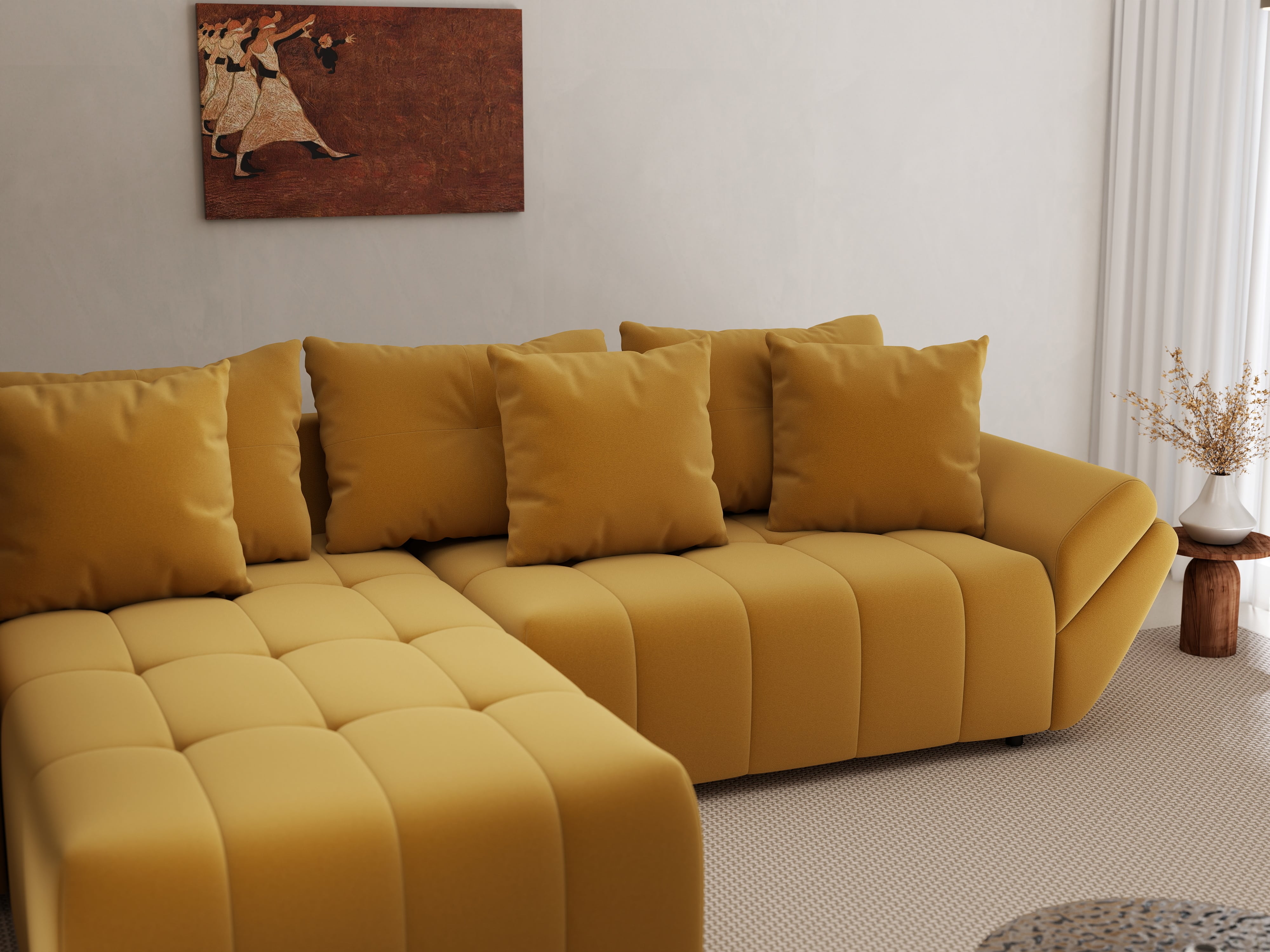 Colțar extensibil dumonde cu ladă de depozitare si sezut confortabil din spuma HR, Berlin Royal Mustar 280x185 cm Fabrica