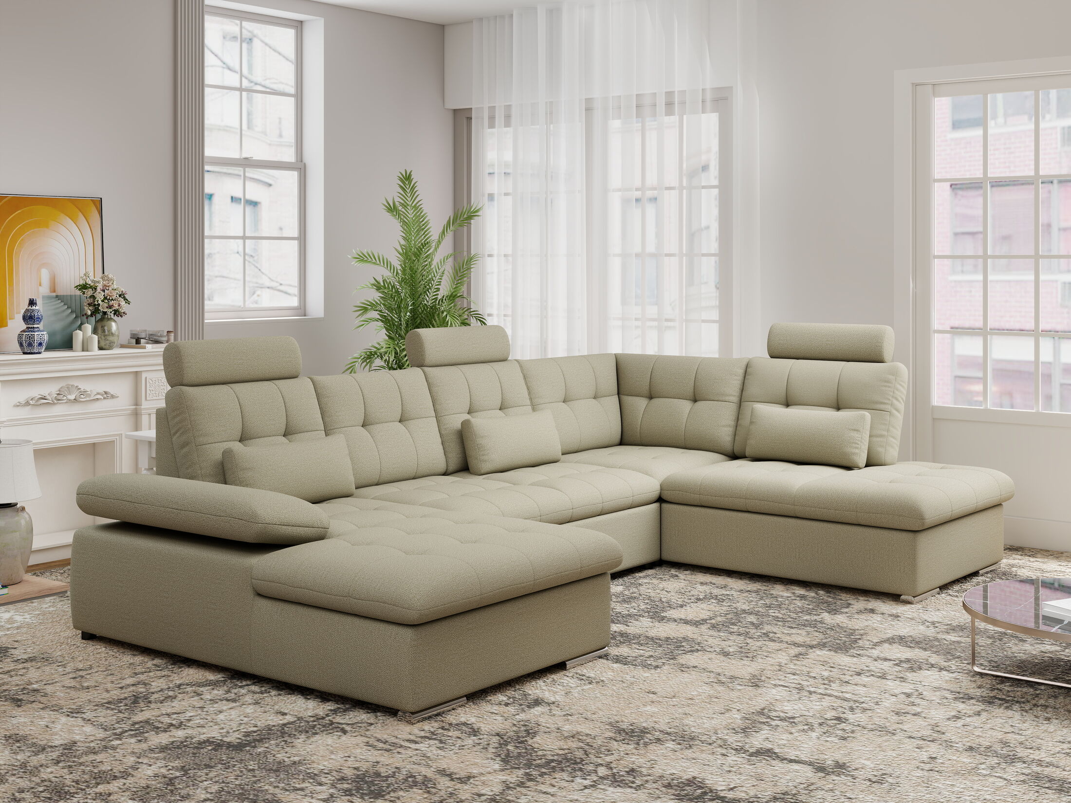 Colțar extensibil dumonde cu ladă de depozitare și șezut confortabil din spumă HR, Merkur U Enjoy Bej 324x218 cm