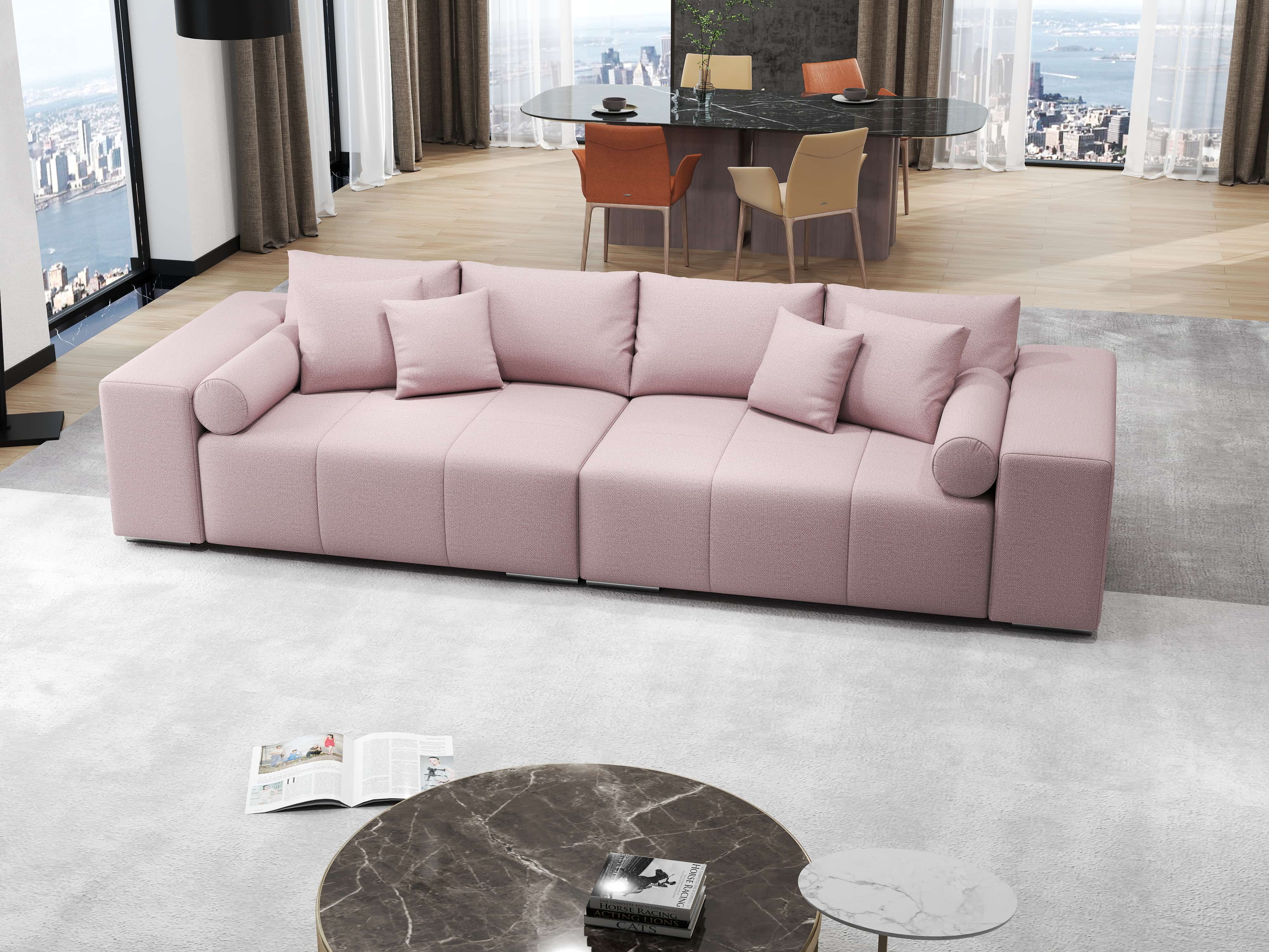 Canapea extensibilă dumonde cu ladă de depozitare si sezut confortabil din spuma HR, Marbela Pink XXL 295x100 cm Fabrica