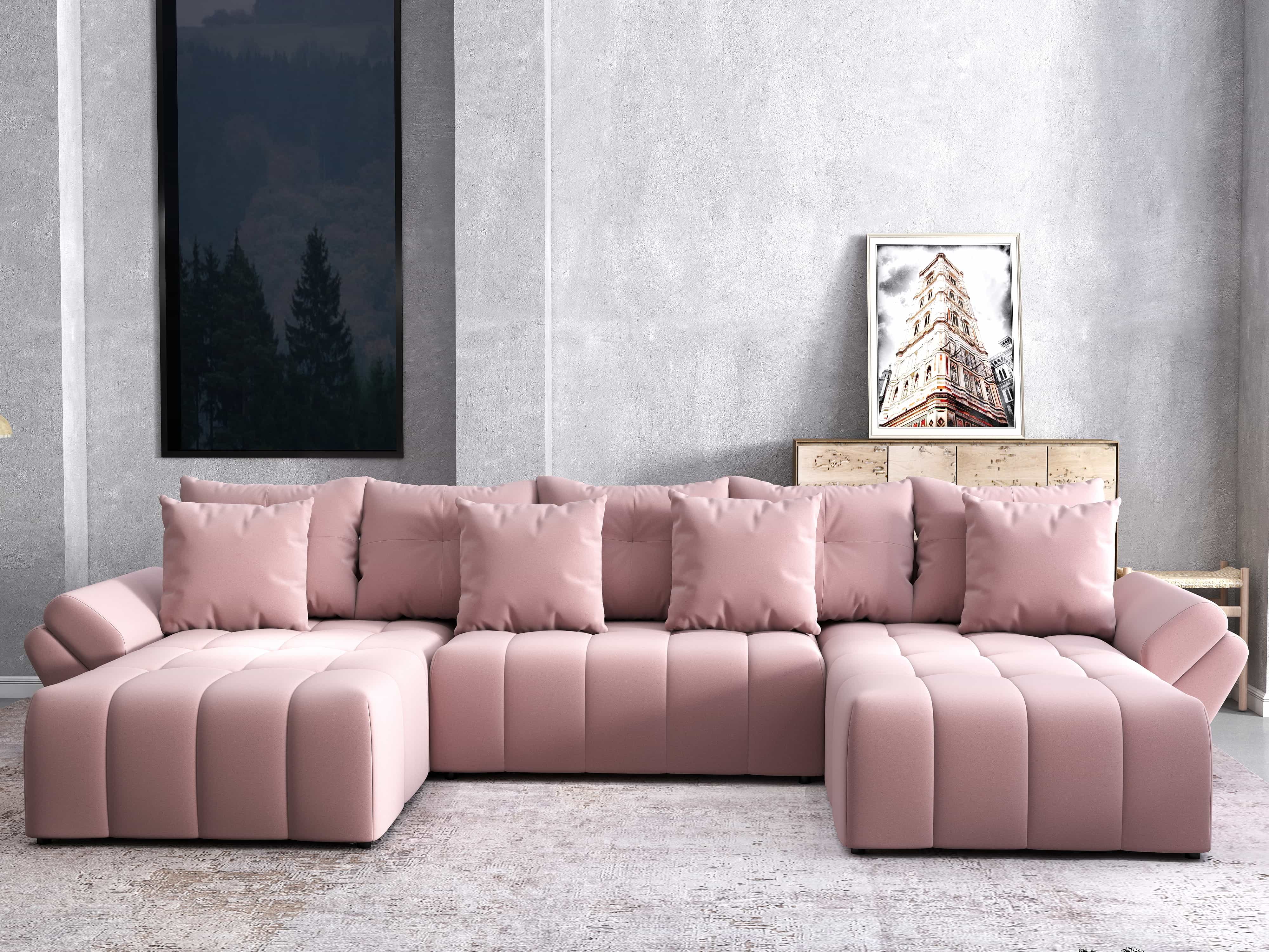 Colțar extensibil dumonde cu ladă de depozitare si sezut confortabil din spuma HR, Berlin U Royal Roz 380x180 cm Fabrica