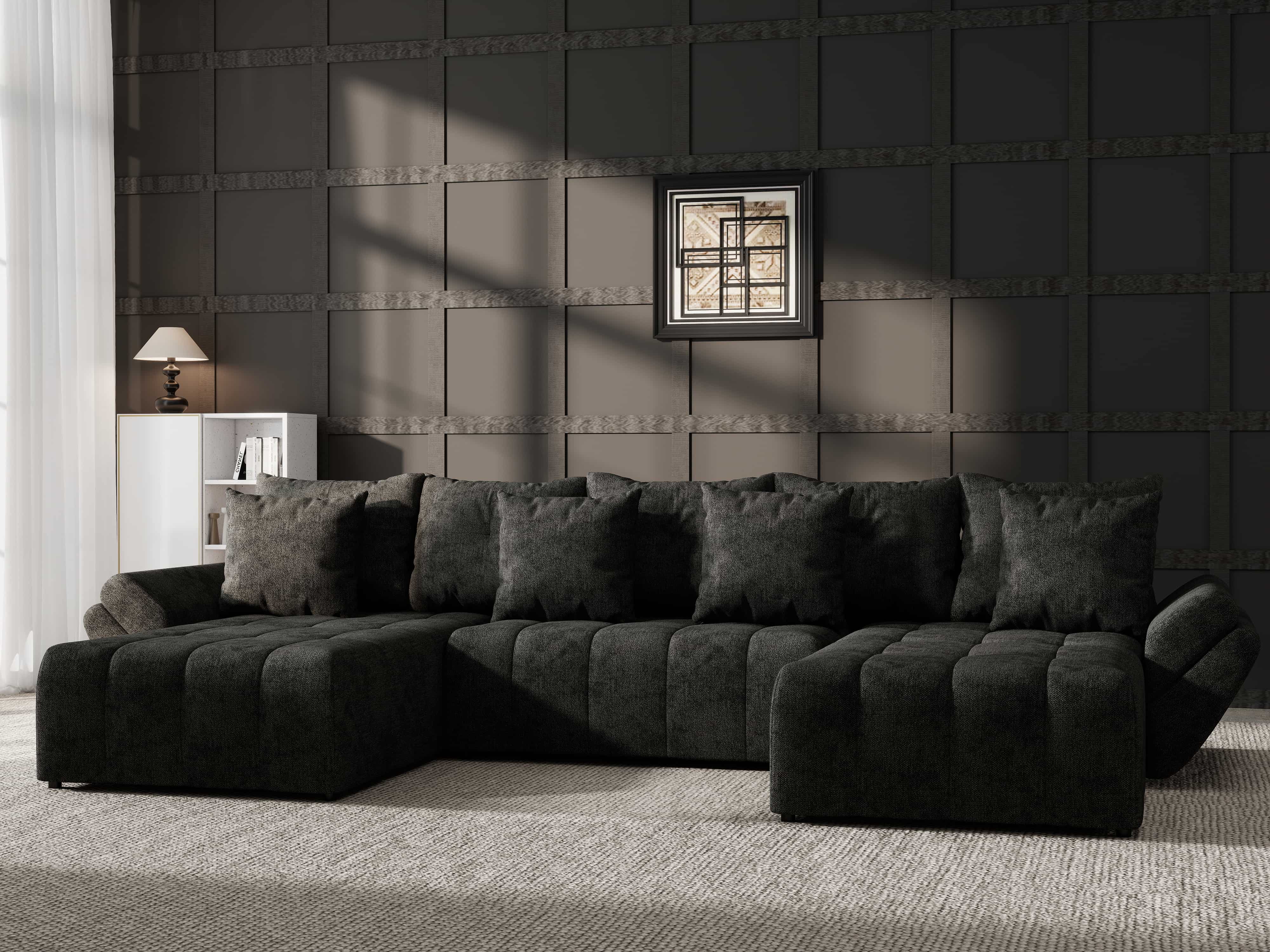 Colțar extensibil dumonde cu ladă de depozitare si sezut confortabil din spuma HR, Berlin U Enjoy Black 380x180 cm Fabrica