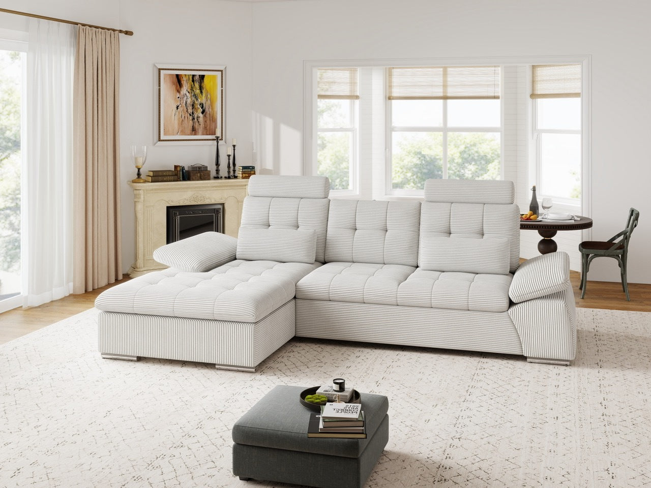 Colțar extensibil dumonde cu ladă de depozitare și șezut confortabil din spumă HR, Merkur Zoom Gri 270x168 cm