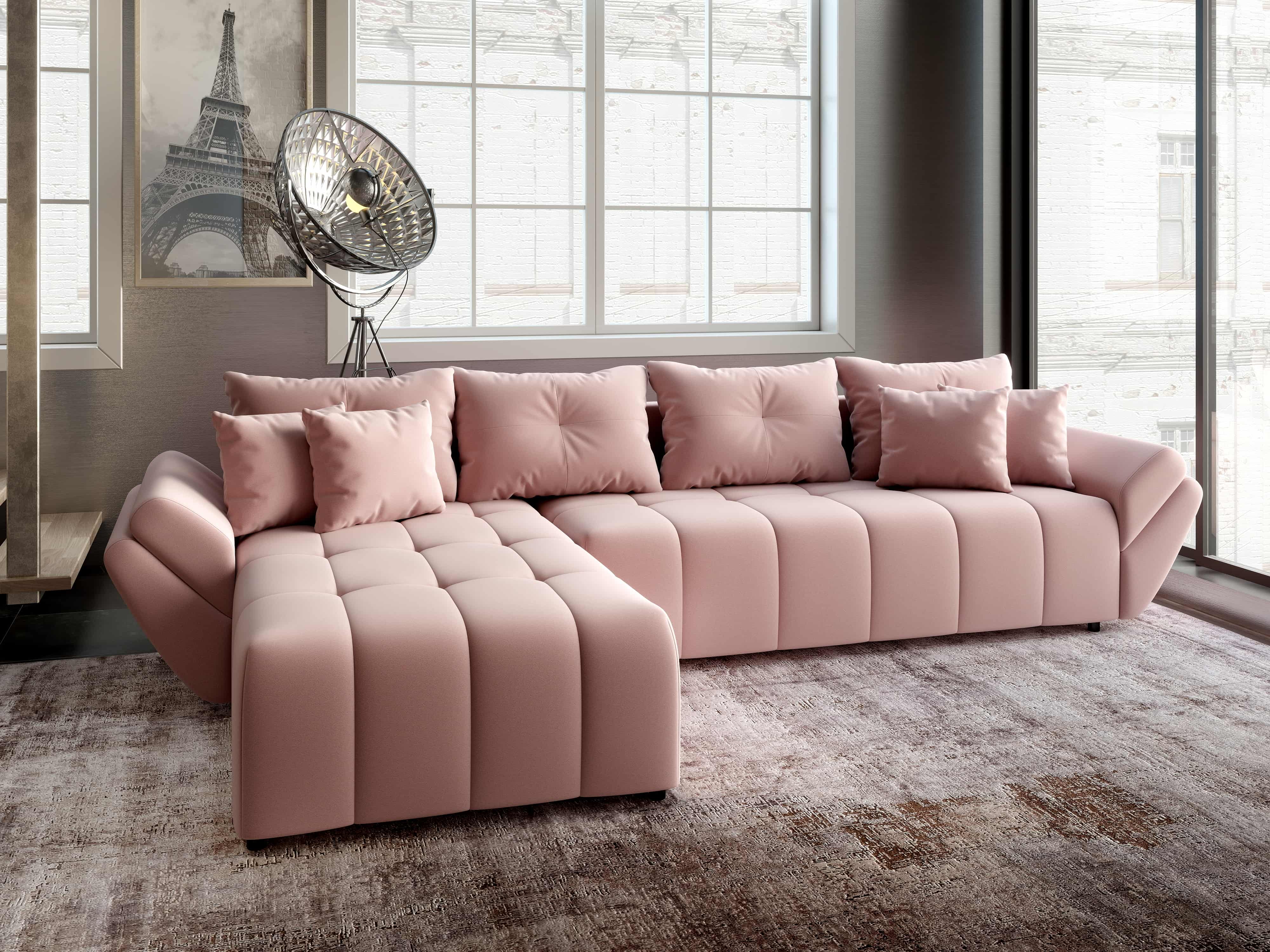 Colțar extensibil dumonde cu ladă de depozitare si sezut confortabil din spuma HR, Berlin XL Royal Roz 350x185 cm Fabrica