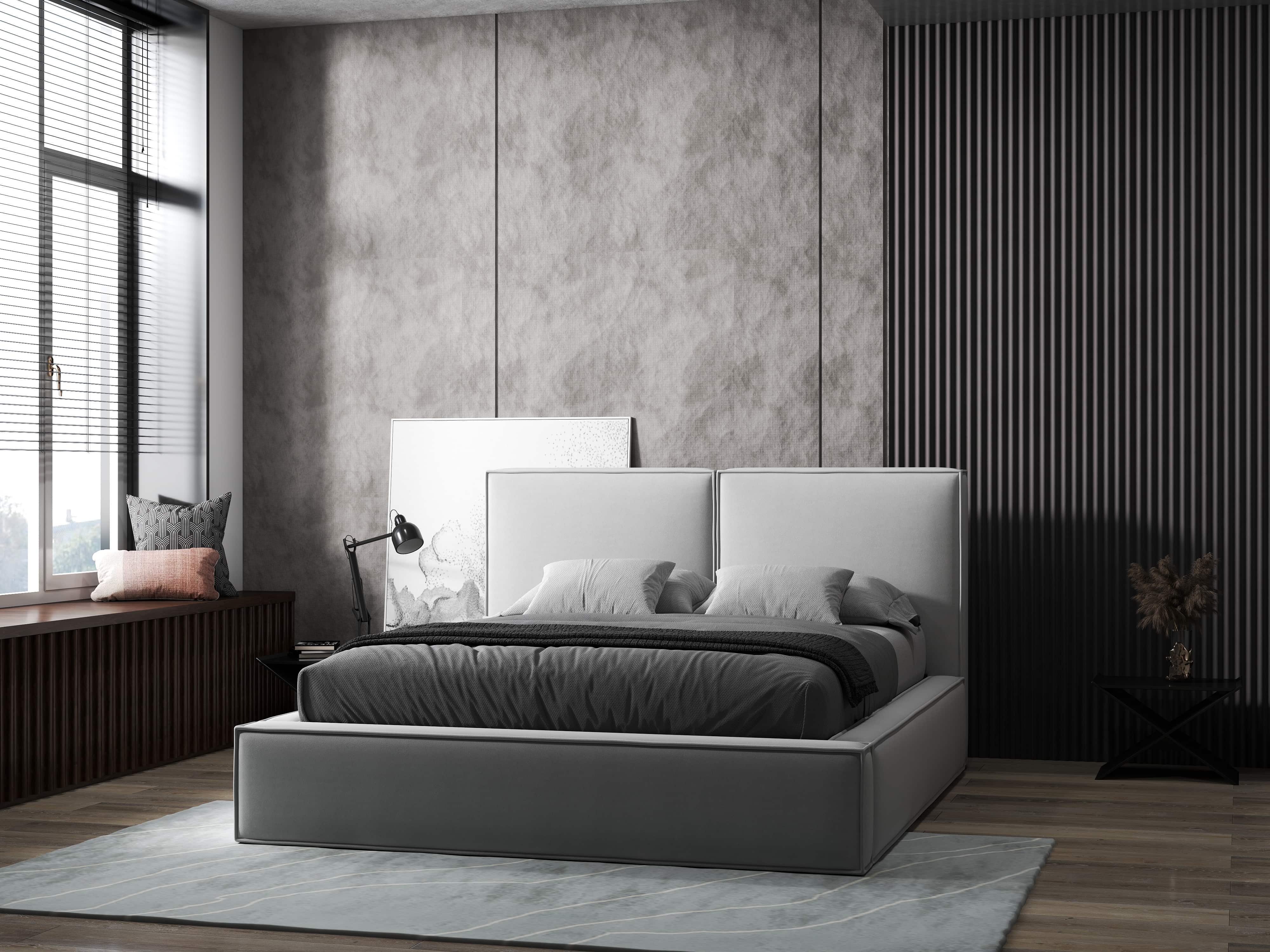 Pat dormitor dumonde, tapitat bej, Dreamer 160x200 cm, somiera rabatabila inclusa, spatiu depozitare WLS