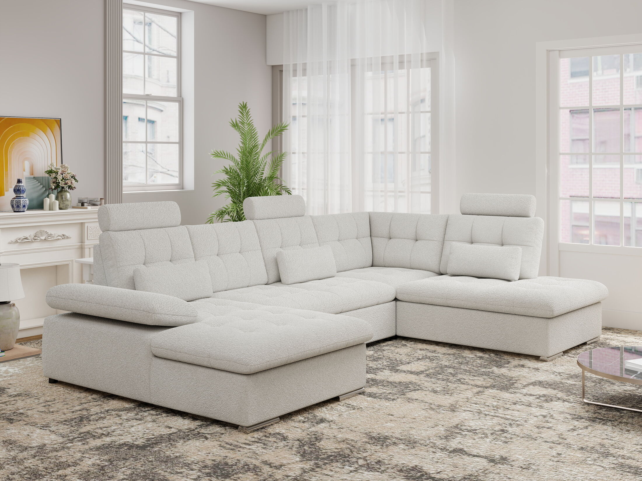 Colțar extensibil dumonde cu ladă de depozitare și șezut confortabil din spumă HR, Merkur U Euphoria Alb 324x218 cm