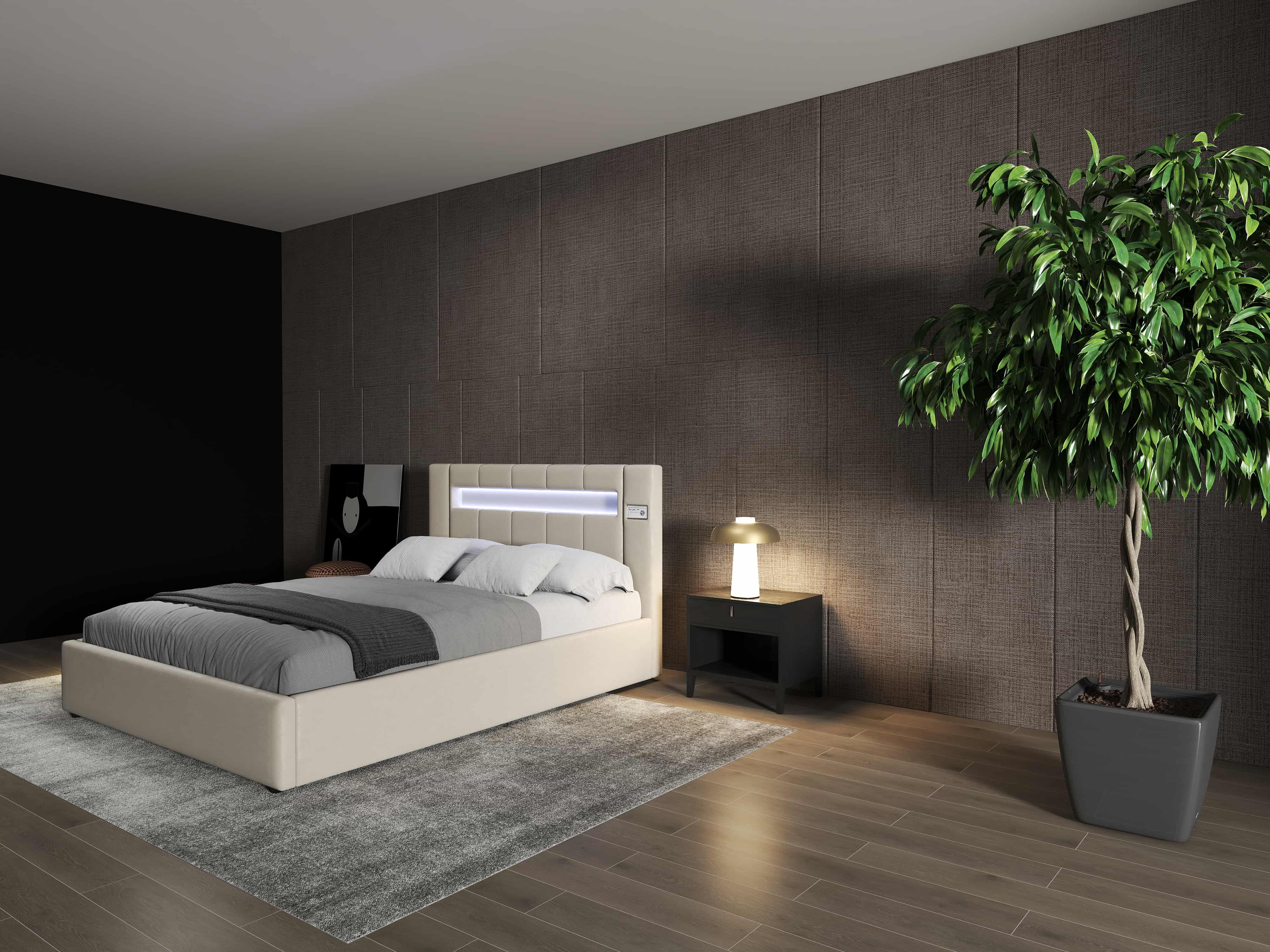 Pat dormitor dumonde, tapitat bej, Glow 180x200 cm, somiera rabatabila inclusa, spatiu depozitare WLS