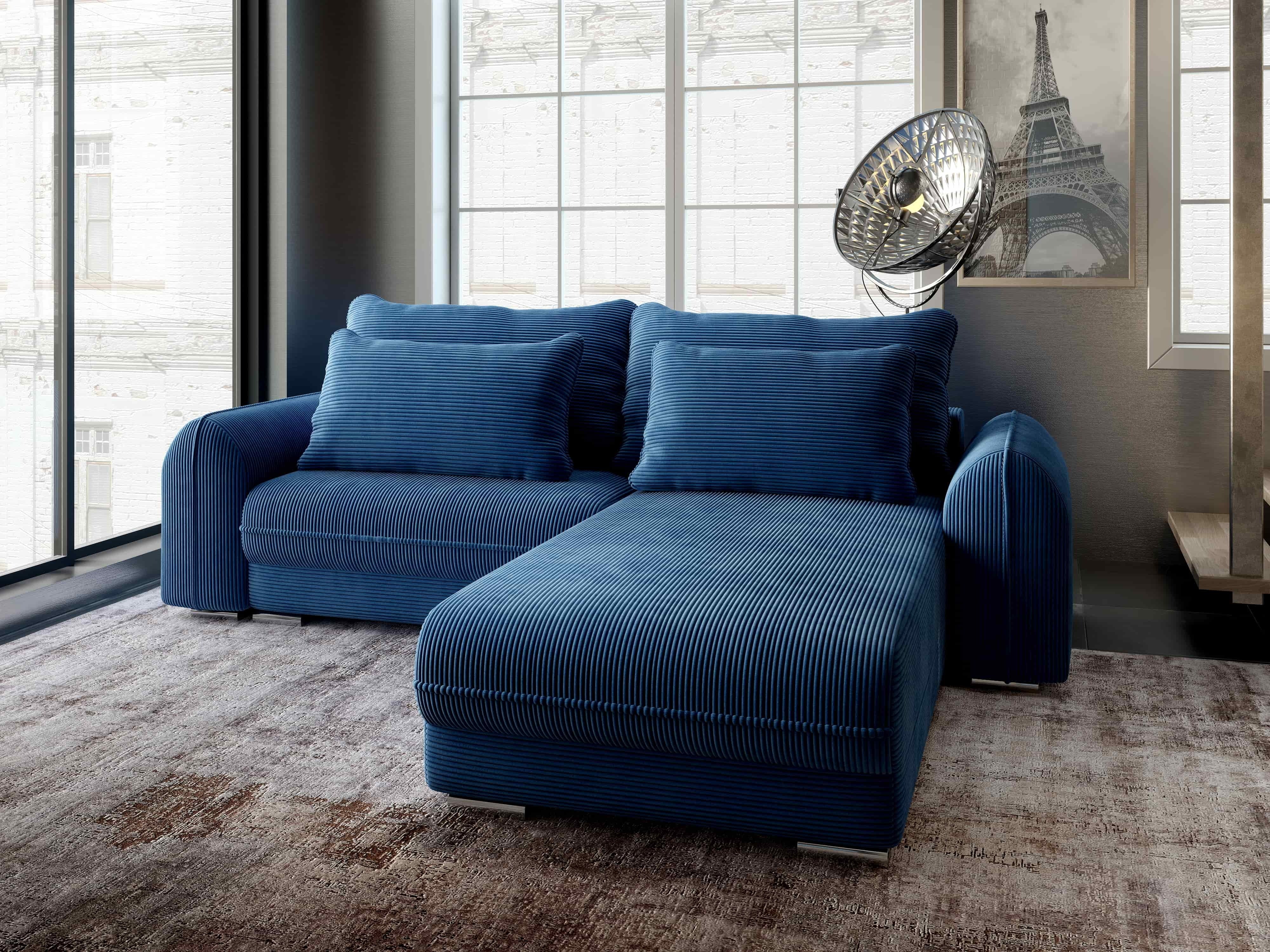 Colțar extensibil dumonde cu ladă de depozitare si sezut confortabil din spuma HR, Denver Zoom Albastru 275x185 cm II Fabrica