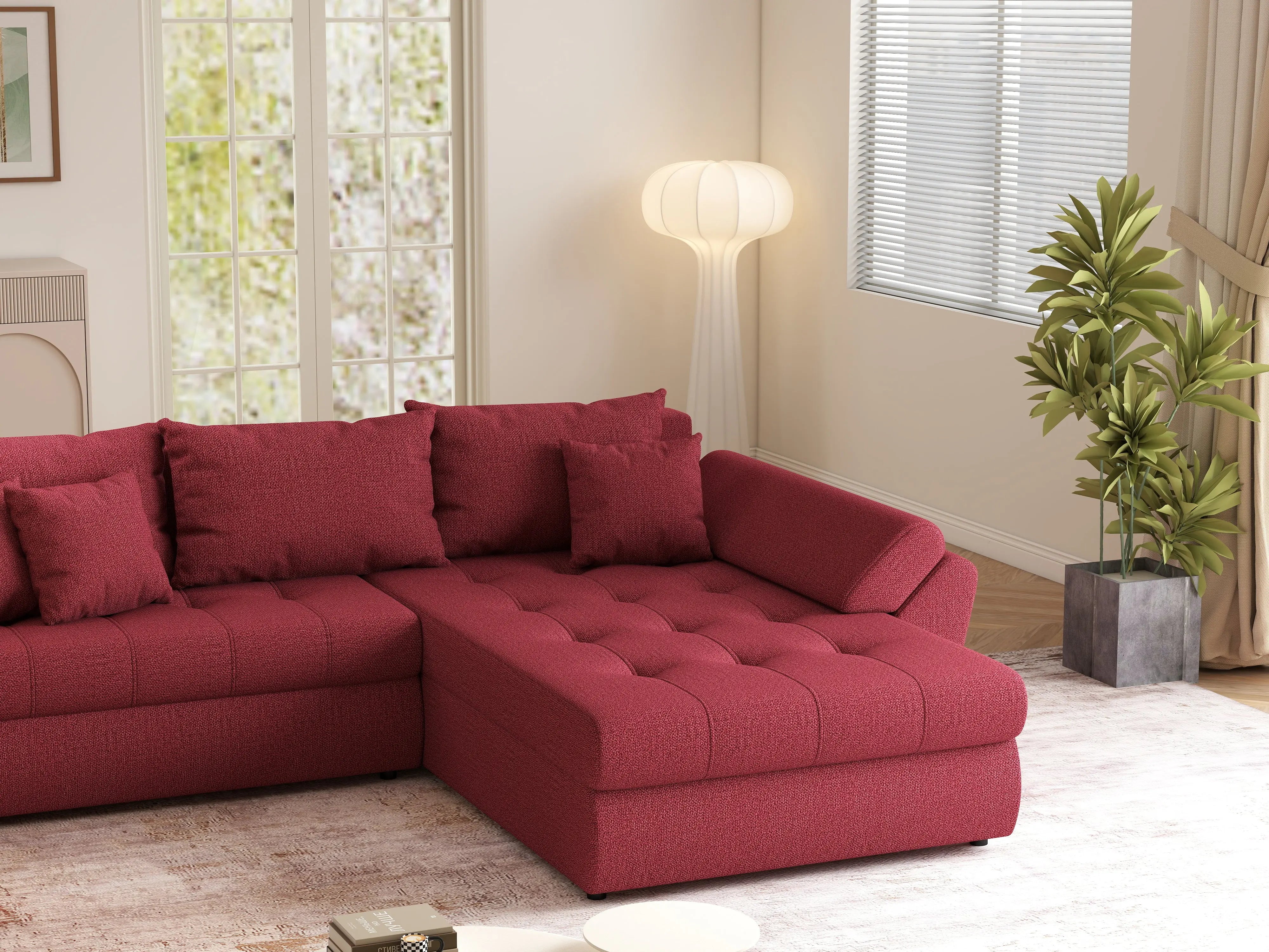 Colțar extensibil dumonde cu ladă de depozitare si sezut confortabil din spuma HR, Loana Bordoux II 270x185 cm Fabrica