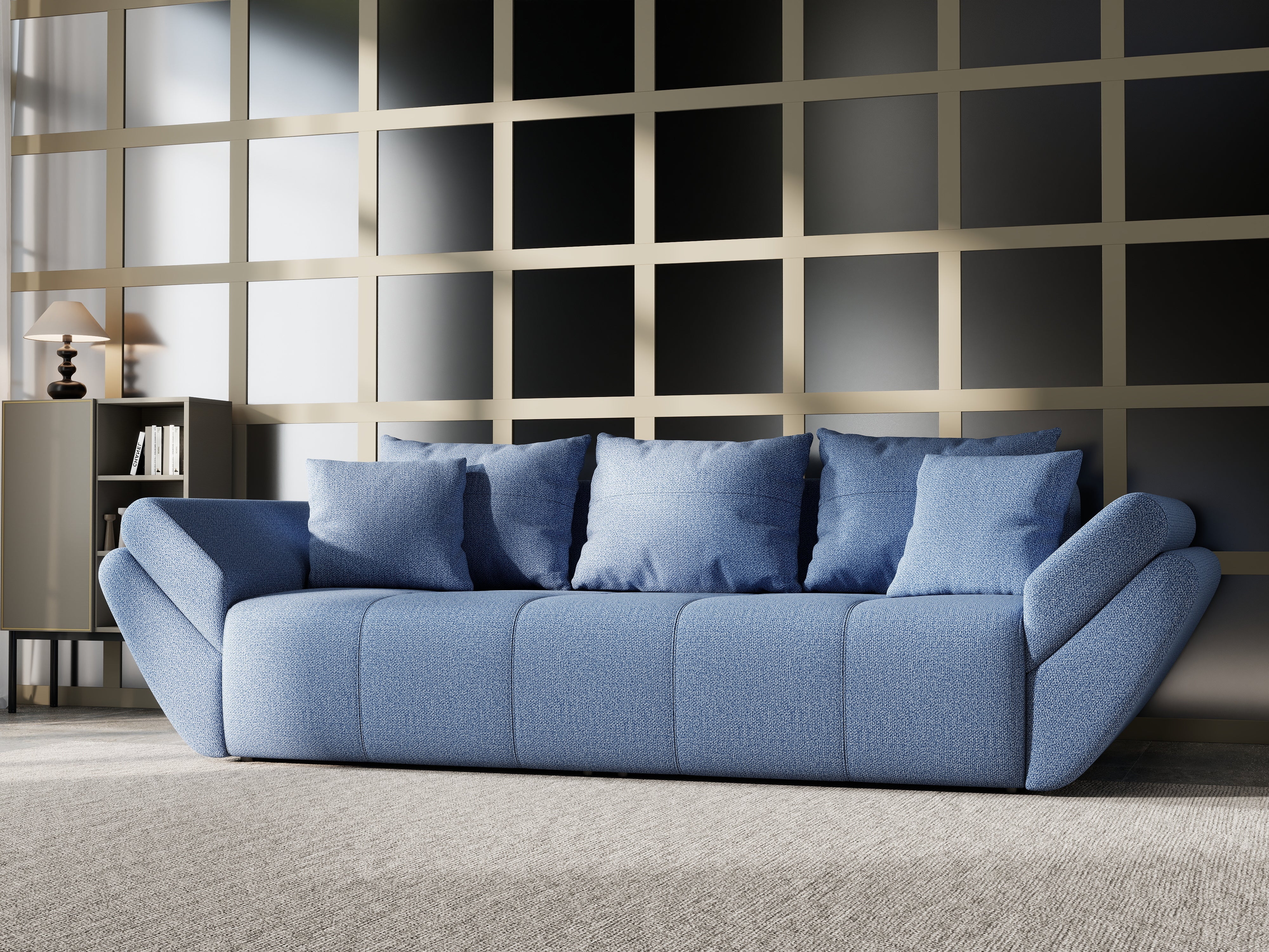 Canapea extensibilă dumonde cu ladă de depozitare si sezut confortabil din spuma HR, Berlin Enjoy Blue 250x100 cm Fabrica