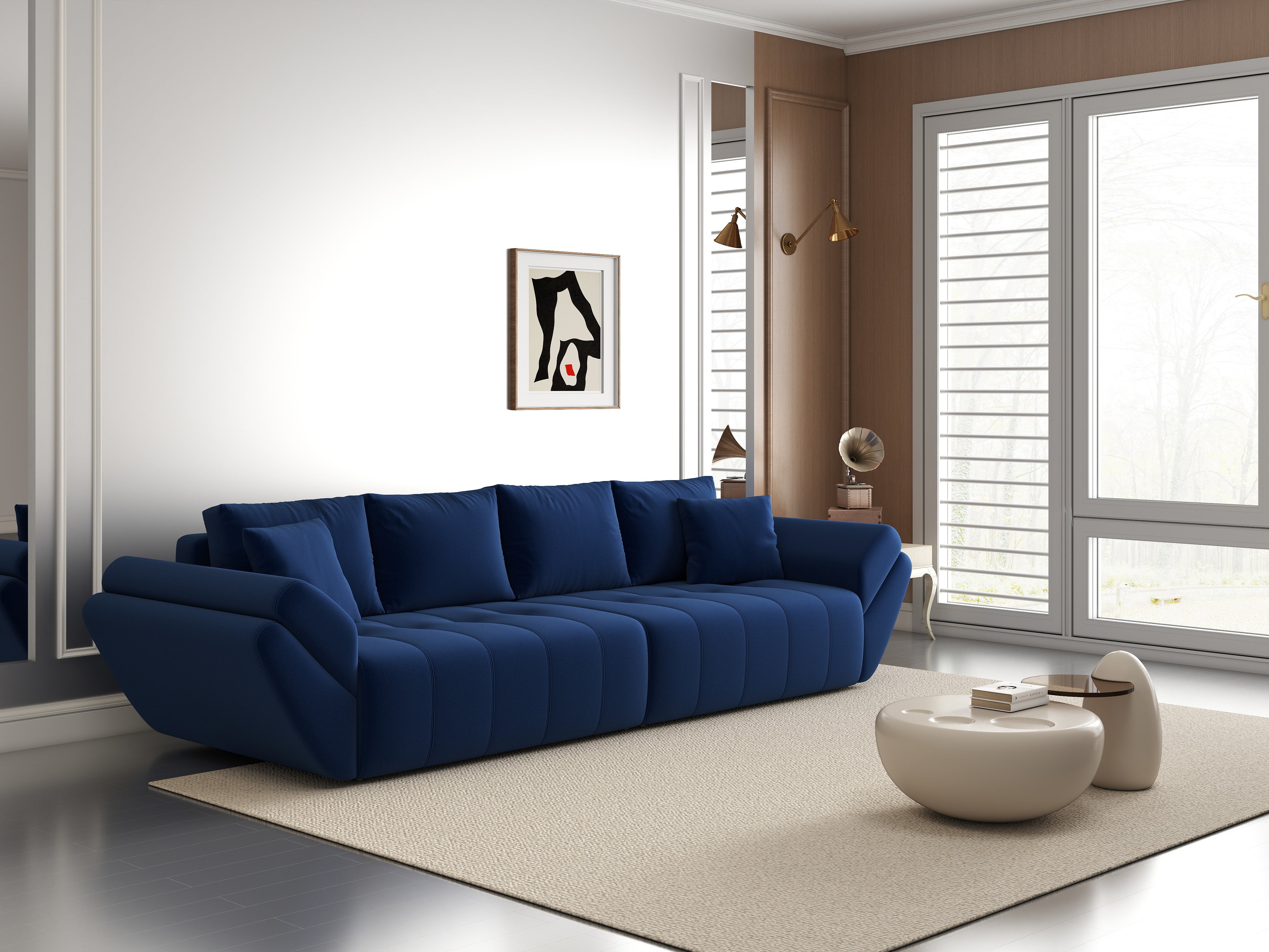 Canapea extensibilă dumonde cu ladă de depozitare si sezut confortabil din spuma HR, Berlin Royal Blue 300x100 cm Fabrica