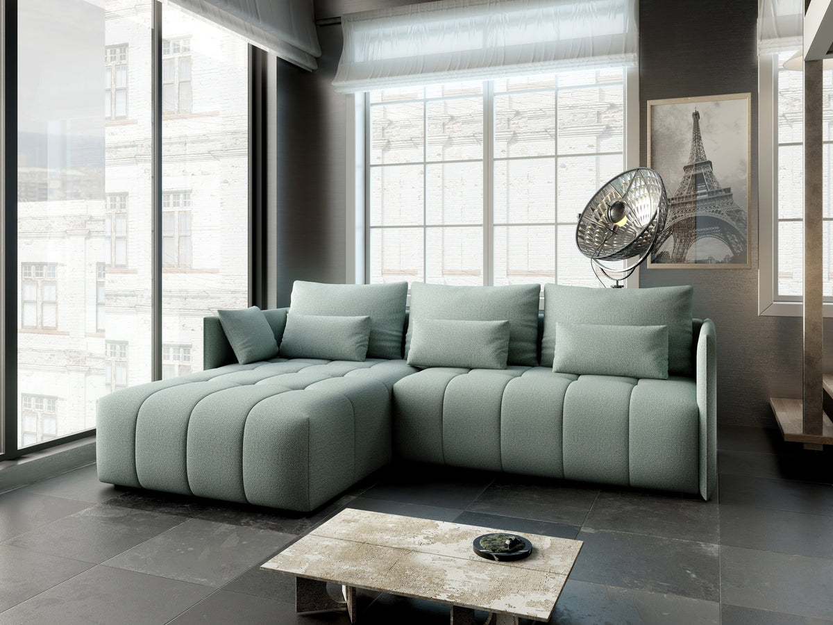 Colțar extensibil dumonde cu ladă de depozitare si sezut confortabil din spuma HR, Malta Enjoy Mint 235x185 cm Fabrica
