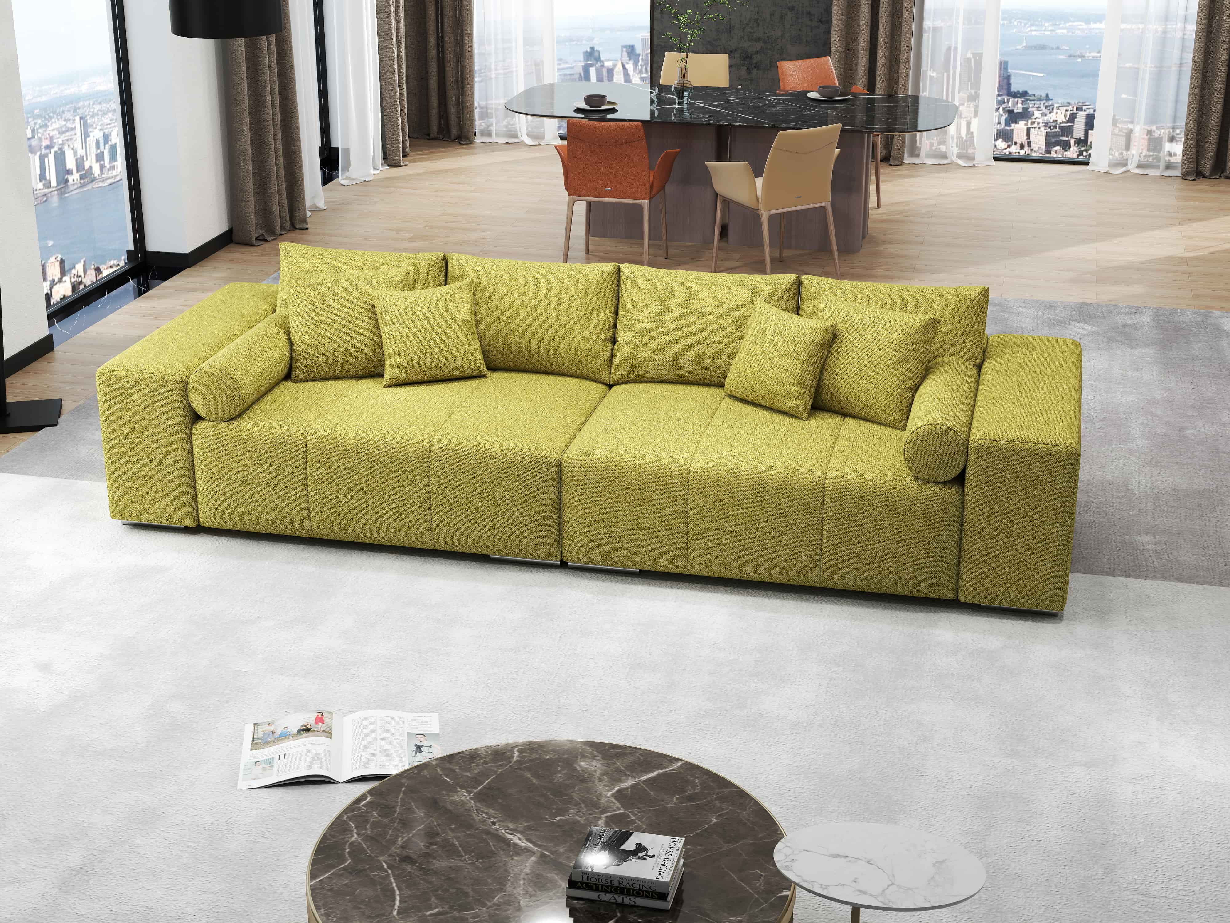Canapea extensibilă dumonde cu ladă de depozitare si sezut confortabil din spuma HR, Marbela Green Lux XXL 295x100 cm Fabrica